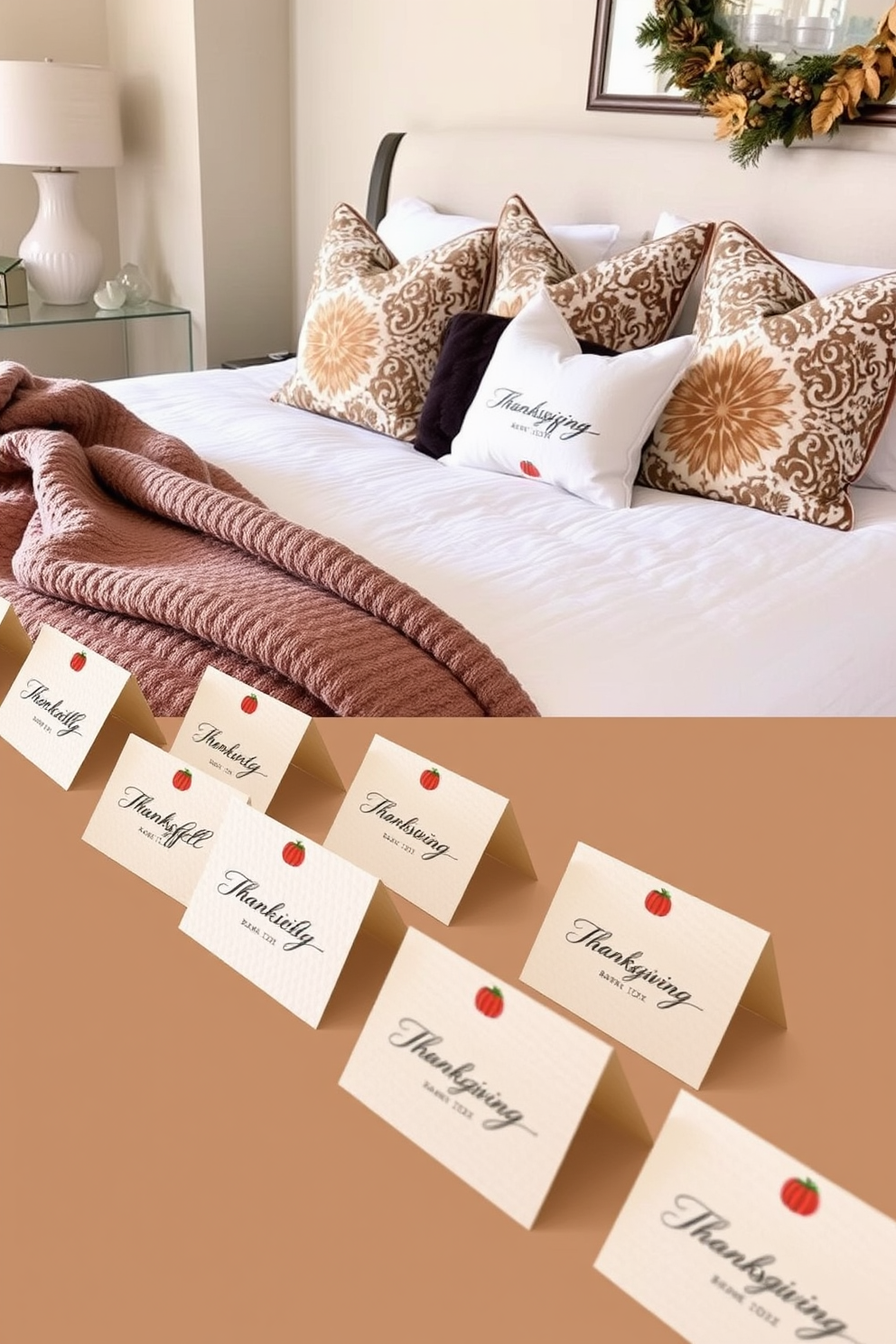 Personalized name tags for guests. Each tag features elegant calligraphy on a textured cardstock, adorned with a small seasonal motif like a pumpkin or a leaf. Thanksgiving Bedroom Decorating Ideas. The room is styled with warm, earthy tones and cozy textiles, including a plush throw blanket draped over the bed and decorative pillows featuring autumn patterns.