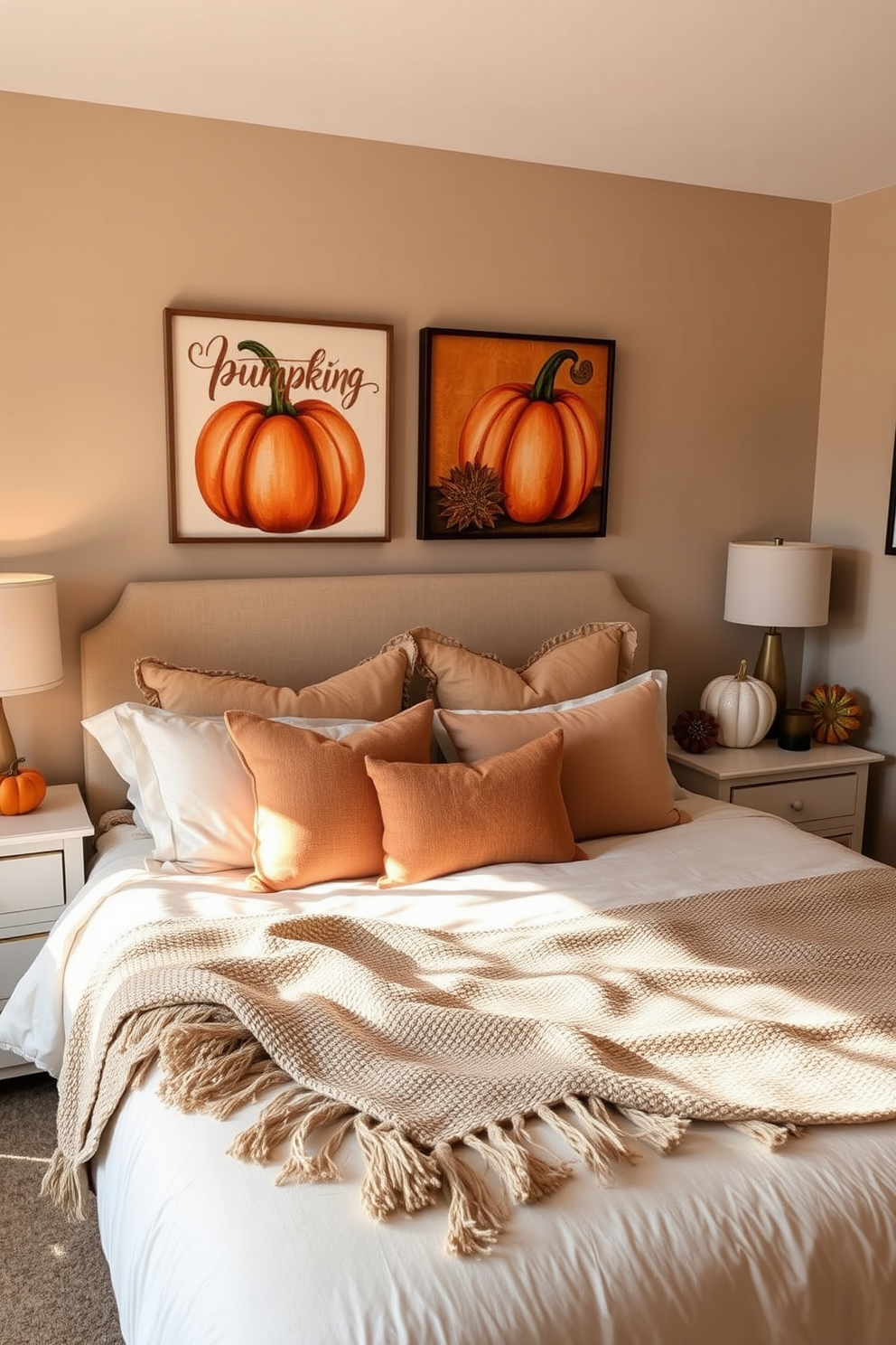 A cozy bedroom adorned with pumpkin-themed artwork on the walls. The warm orange and earthy tones create a festive atmosphere, complemented by soft, neutral bedding. Decorative accents include small pumpkins on the nightstands and a rustic woven throw draped over the bed. The overall design evokes a sense of warmth and celebration for the Thanksgiving season.