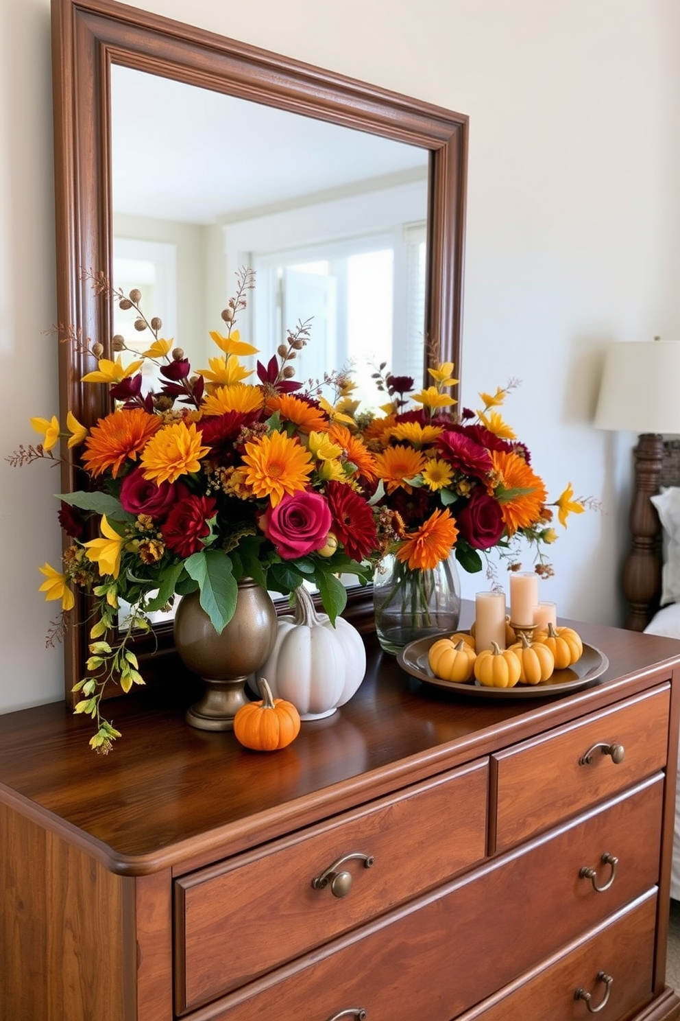 A charming bedroom decorated for Thanksgiving features a wooden dresser adorned with vibrant fall floral arrangements. The flowers include deep oranges, rich reds, and golden yellows, complemented by small pumpkins and candles for a cozy touch.