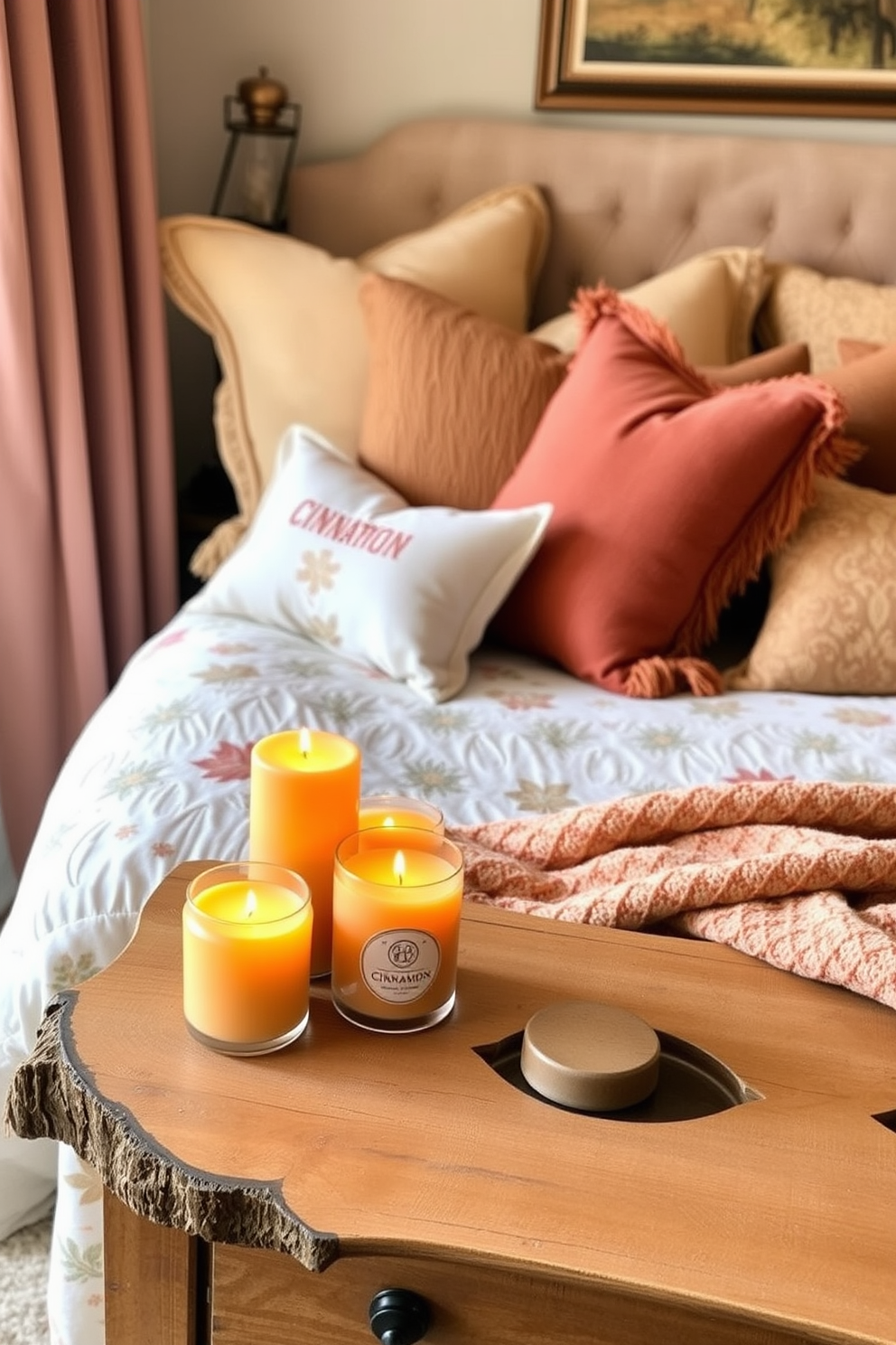 A cozy bedroom setting infused with the warm aroma of cinnamon-scented candles. The candles are arranged on a rustic wooden nightstand beside a plush bed adorned with autumn-themed bedding. Soft, ambient lighting creates a welcoming atmosphere, enhancing the rich colors of the decor. Decorative pillows in warm hues complement the earthy tones of the room, making it perfect for Thanksgiving celebrations.