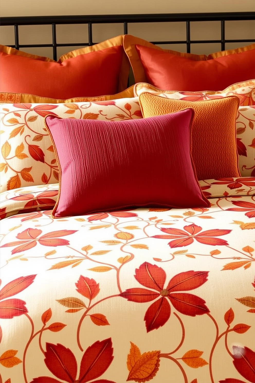 Harvest inspired bedding with a warm color palette featuring rich oranges and deep reds. The bedding is adorned with intricate leaf patterns, complemented by plush pillows in coordinating shades, creating a cozy and inviting atmosphere.