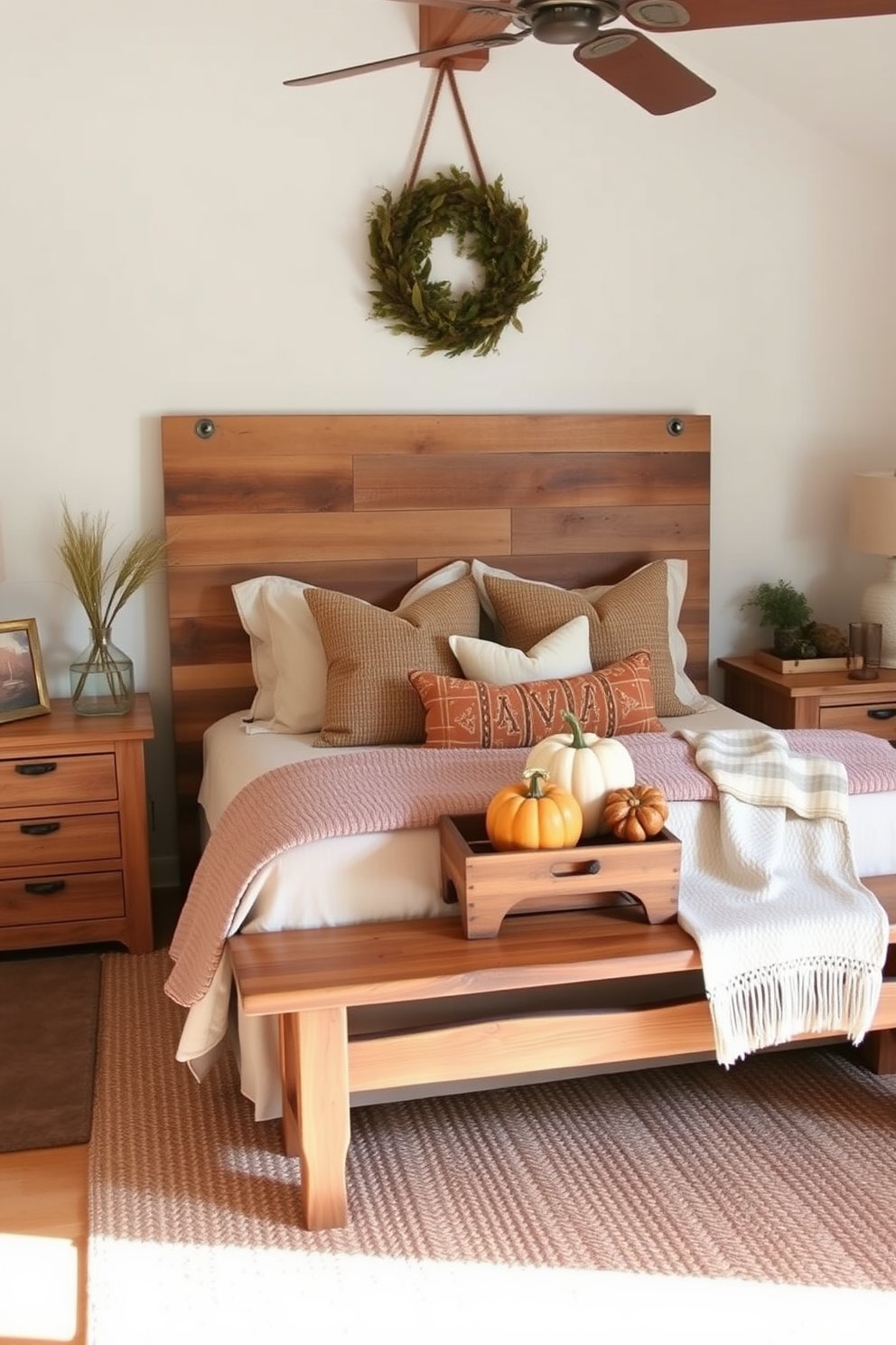 A cozy bedroom adorned with natural wood elements creates a warm and inviting atmosphere. The bed features a reclaimed wood headboard, complemented by matching nightstands and a rustic wooden bench at the foot of the bed. Soft, earthy tones dominate the decor, with plush bedding in warm neutrals and autumn-inspired throw pillows. A woven rug adds texture, while decorative pumpkins and seasonal foliage enhance the Thanksgiving theme.