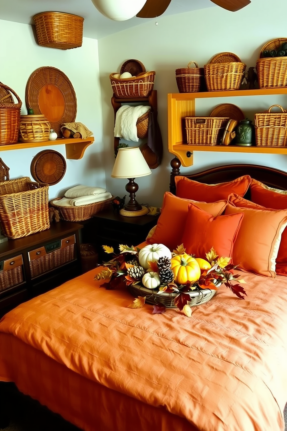 A cozy bedroom adorned with woven baskets for both storage and decor. The baskets are placed strategically around the room, some filled with soft blankets and others used as decorative accents on shelves. The bedding features warm autumn colors, complementing the Thanksgiving theme with rich oranges and deep reds. A centerpiece of seasonal decorations, including small pumpkins and dried leaves, adds a festive touch to the nightstand.