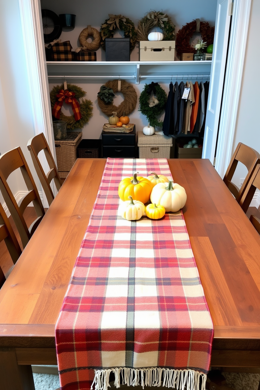 A cozy plaid table runner drapes elegantly over a rustic wooden dining table adorned with small pumpkins in various sizes. The warm autumn colors of the runner complement the rich tones of the table, creating a welcoming atmosphere for Thanksgiving gatherings. In the closet, shelves are lined with seasonal decor, including fall-themed wreaths and decorative boxes. A few stylishly arranged pumpkins sit atop the shelves, adding a touch of festive charm to the organized space.