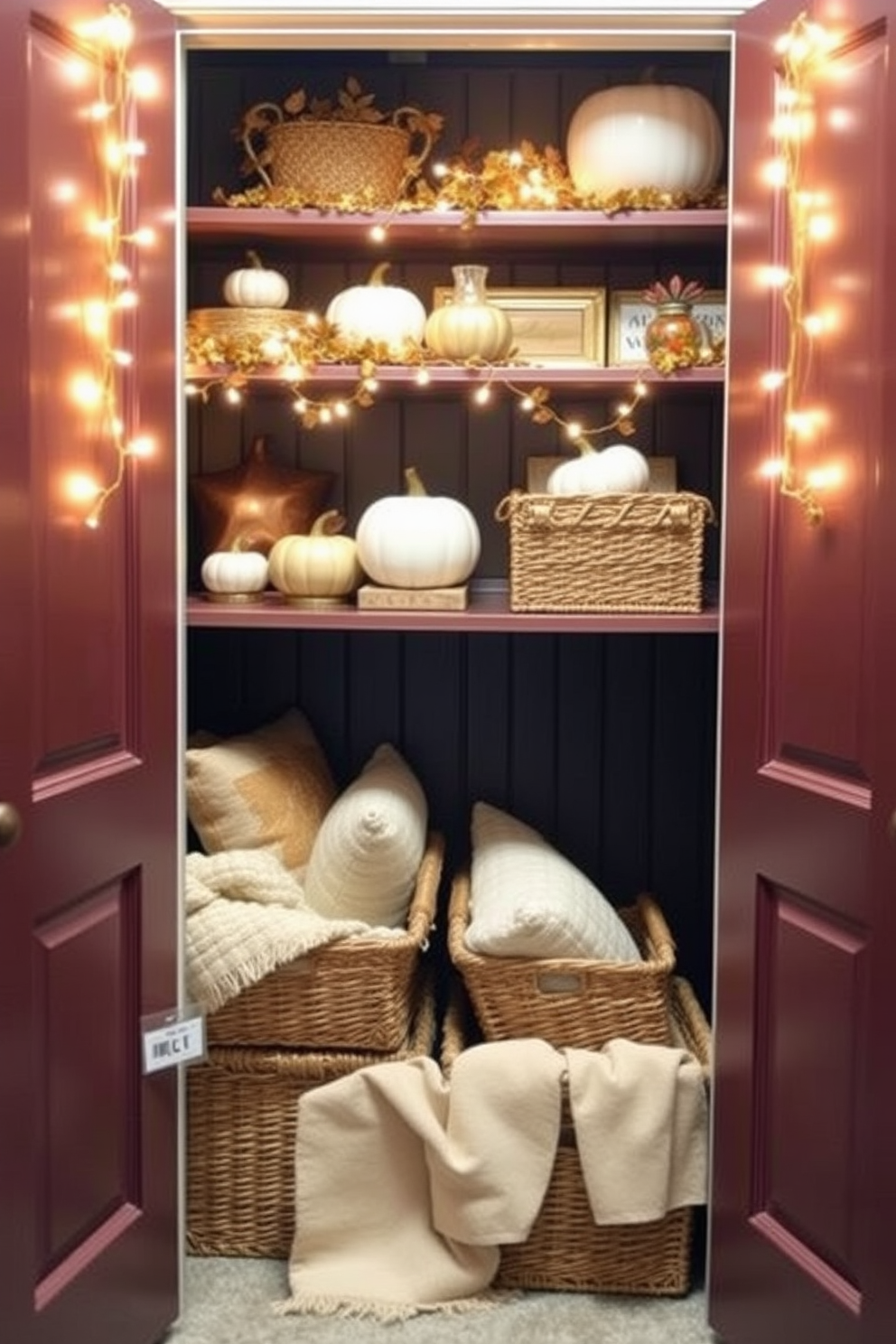 A cozy Thanksgiving closet decorated with warm gold and copper metallic accents. Shelves are adorned with seasonal decor, including pumpkins and autumn leaves, while twinkling fairy lights add a festive glow. The closet doors are painted in a rich, deep hue that complements the metallic elements. Decorative baskets in varying sizes hold cozy blankets and seasonal pillows, creating an inviting atmosphere.