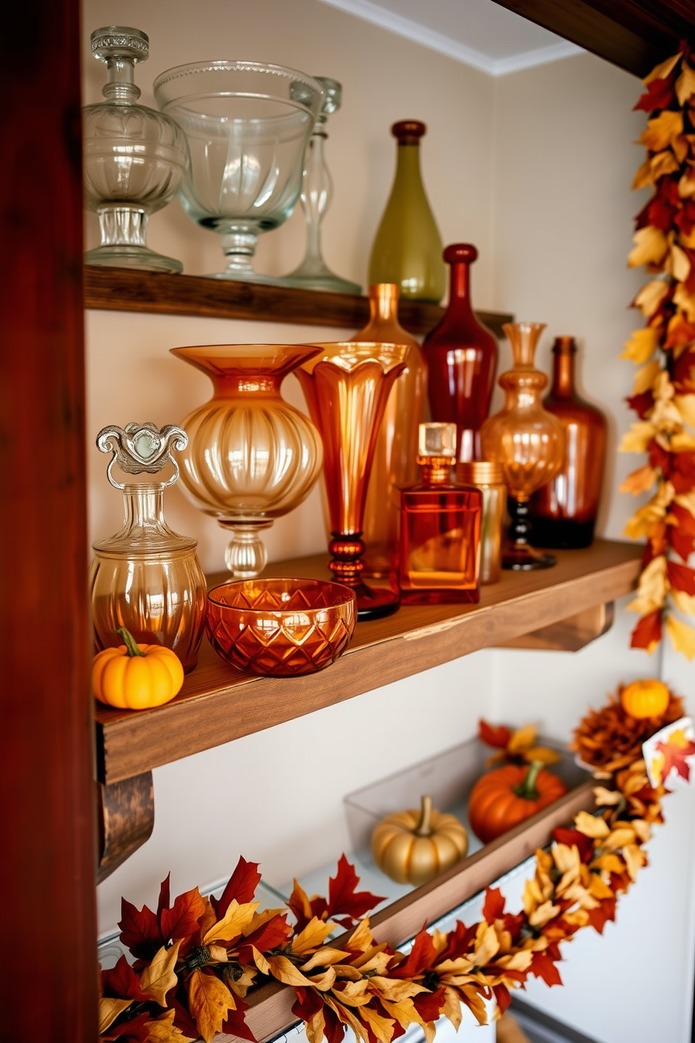 A collection of vintage glassware is displayed on a rustic wooden shelf, showcasing various shapes and colors that add charm to the space. Soft lighting illuminates the glass pieces, casting gentle reflections that enhance the cozy atmosphere. The closet is decorated with warm autumn hues, featuring rich oranges and deep browns that evoke the spirit of Thanksgiving. Seasonal decor, such as small pumpkins and garlands of dried leaves, is thoughtfully arranged to create an inviting and festive feel.