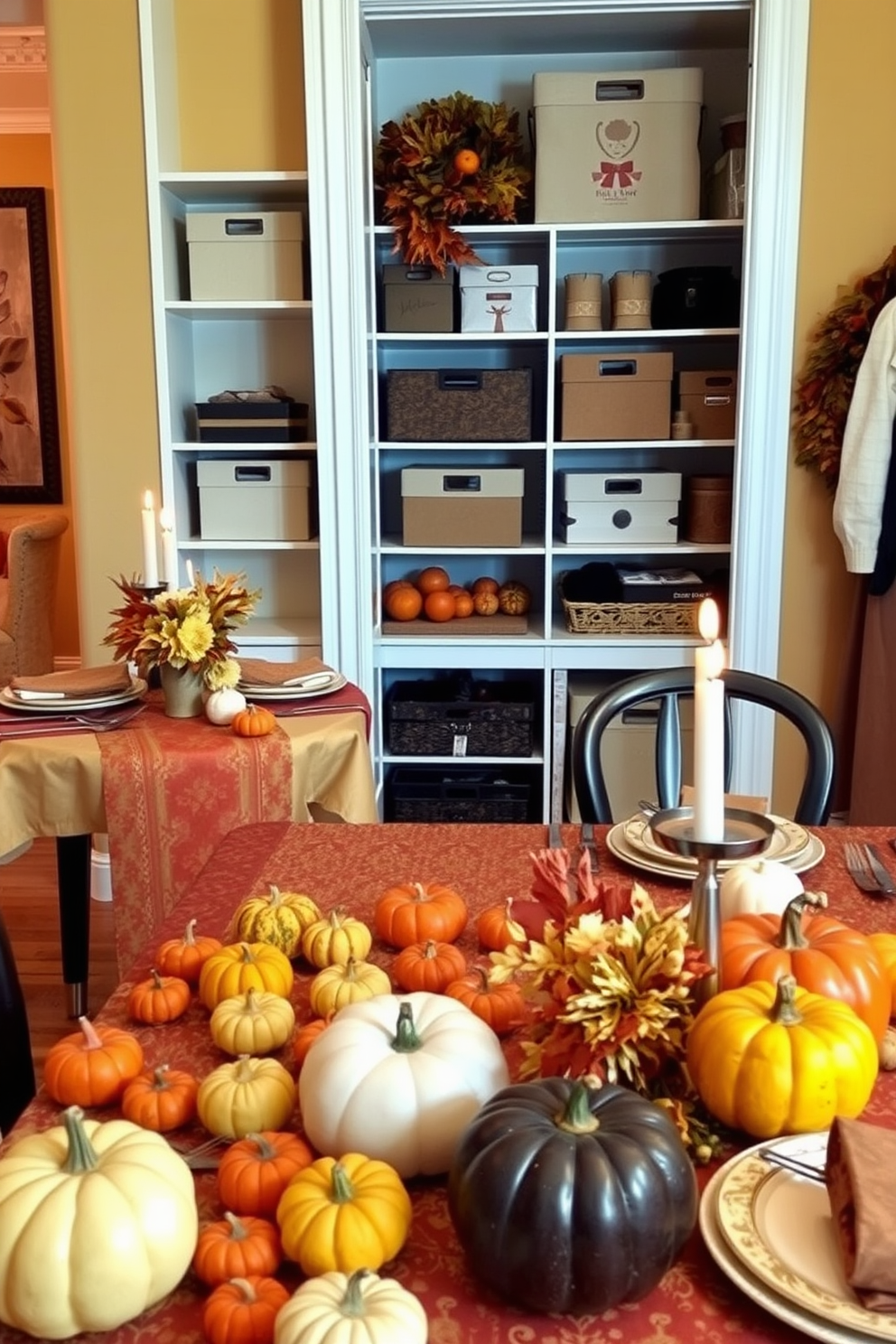 A festive Thanksgiving setting with colorful gourds scattered across elegantly set tables. The tables are adorned with autumn-themed tablecloths and centerpieces featuring candles and seasonal foliage. A cozy closet space decorated with warm hues and soft lighting. The shelves are organized with stylish storage boxes and seasonal decor that celebrates the spirit of Thanksgiving.