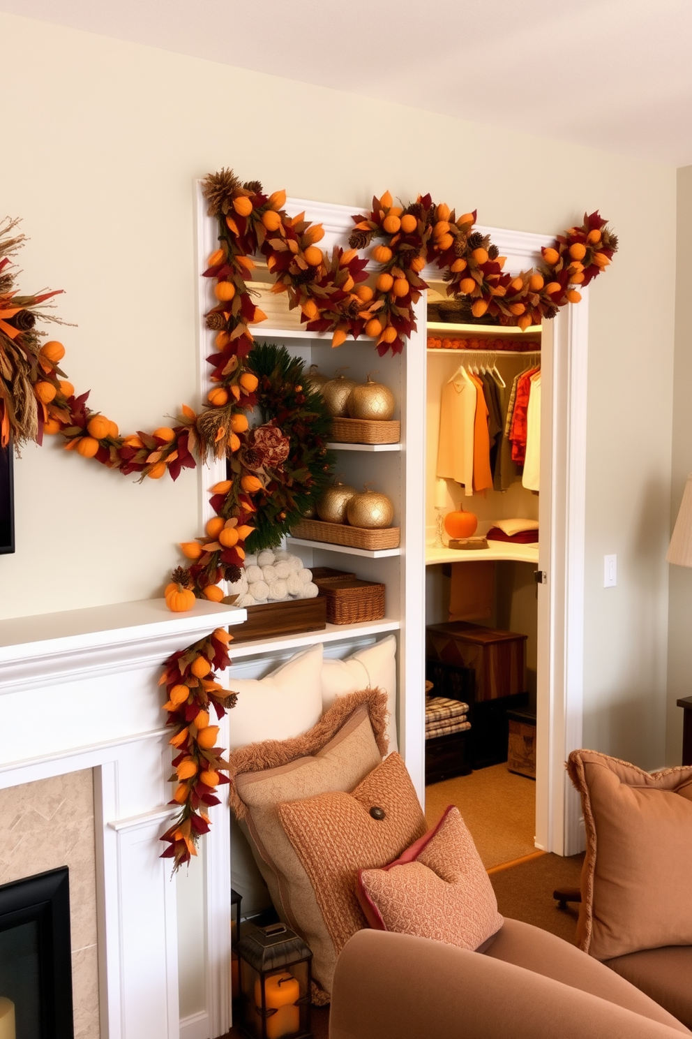 A festive living room adorned with Thanksgiving-themed garlands draped elegantly across the mantel. The garlands feature rich autumn colors, including deep oranges, reds, and browns, complemented by small pumpkins and pinecones for added texture. A cozy closet filled with seasonal decorations reflecting the Thanksgiving spirit. The closet showcases neatly arranged fall-themed decor items, such as decorative pillows, table runners, and candles in warm hues, creating a welcoming atmosphere.