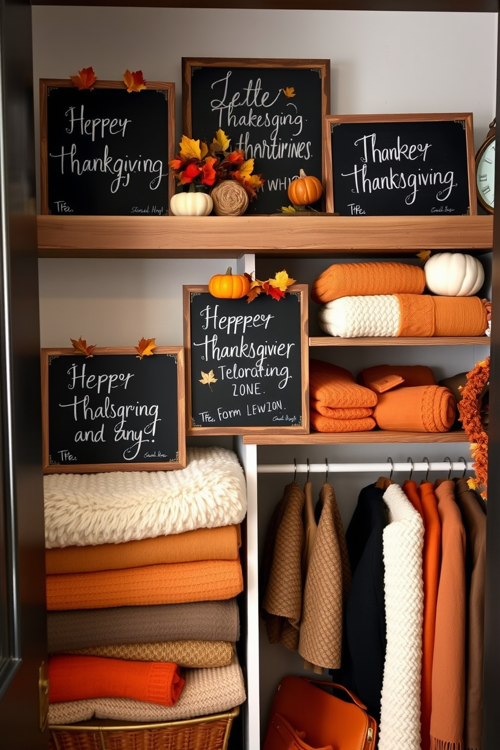 Chalkboard signs with festive messages are creatively arranged on a rustic wooden shelf. Each sign features handwritten notes celebrating Thanksgiving, surrounded by autumn-themed decorations like small pumpkins and colorful leaves. The closet is decorated with warm-toned accents to enhance the festive atmosphere. Cozy blankets and seasonal accessories are neatly organized, creating an inviting and cheerful space.