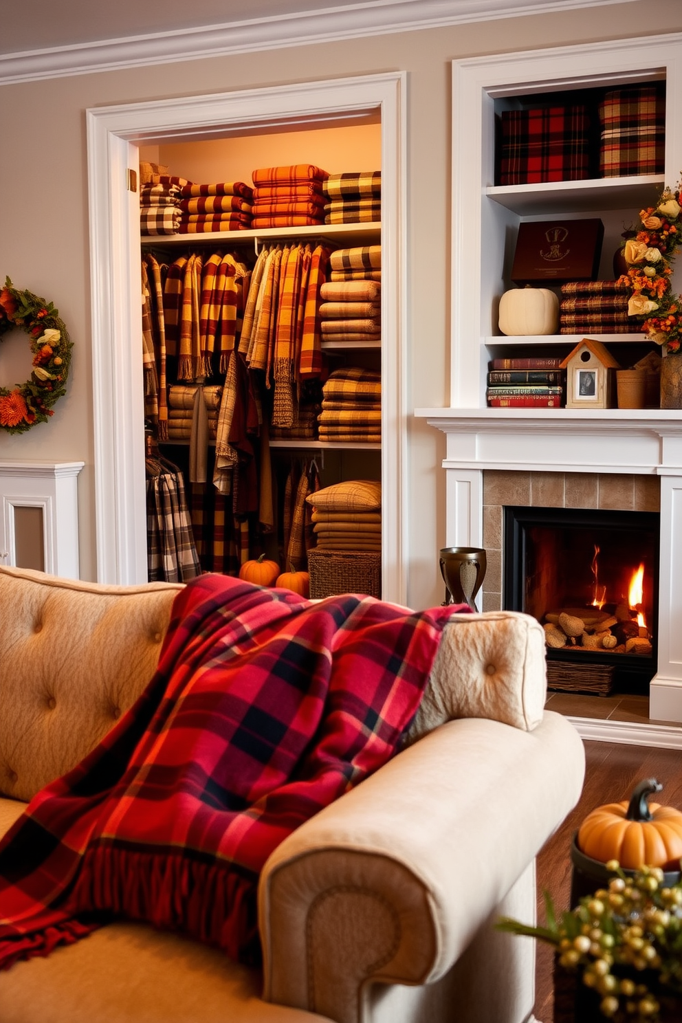 A warm and inviting living room scene featuring a plush sofa adorned with plaid blankets in rich autumn colors. The fireplace is crackling softly, surrounded by pumpkins and seasonal decorations to enhance the cozy atmosphere for Thanksgiving. A stylish closet space showcasing neatly arranged shelves filled with cozy plaid blankets and seasonal decor. Soft lighting highlights the textures and colors, creating an inviting atmosphere perfect for the Thanksgiving holiday.