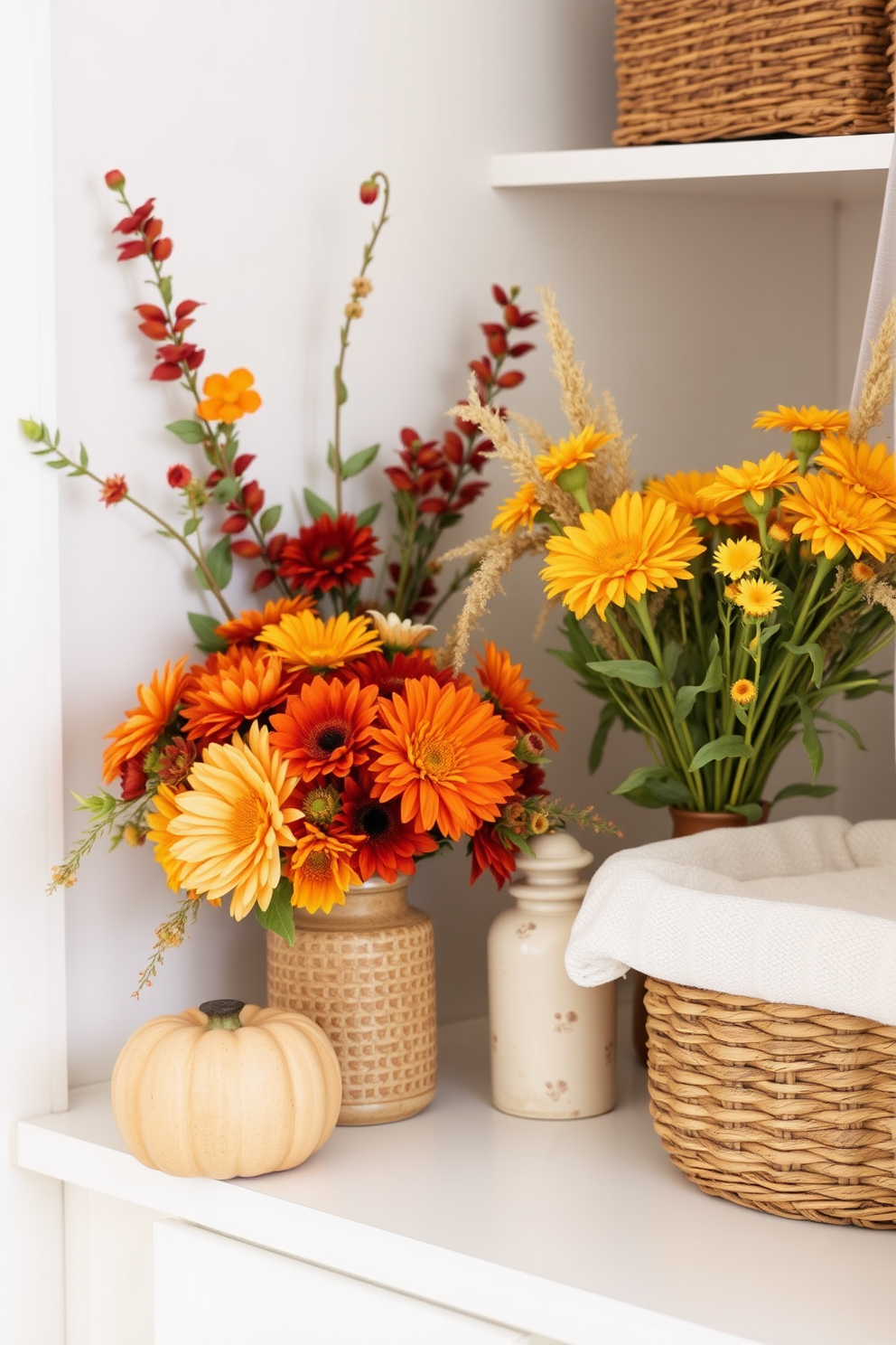 Simple floral arrangements with seasonal blooms can bring warmth and charm to your Thanksgiving decor. Use a mix of vibrant orange, deep red, and golden yellow flowers arranged in rustic vases to enhance the festive atmosphere. For closet decorating ideas, consider incorporating decorative boxes and baskets to keep items organized while adding a touch of style. Use soft lighting and a neutral color palette to create a serene and inviting space.