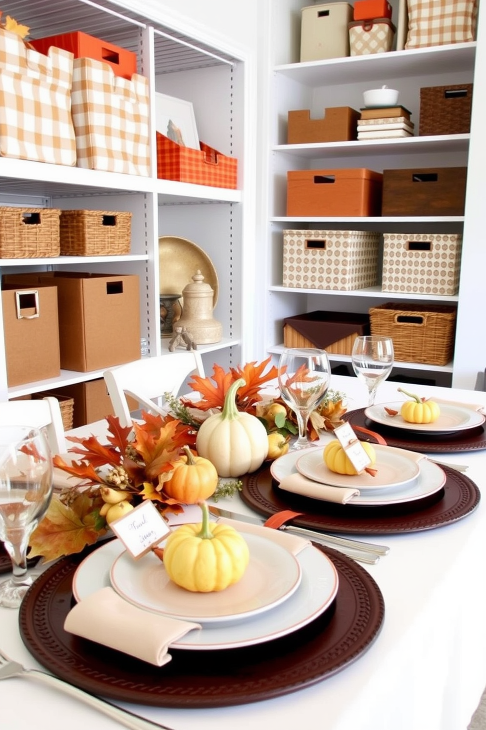 Creative place settings with name tags. Elegant tableware is arranged with seasonal decor, including mini pumpkins and autumn leaves. Thanksgiving closet decorating ideas. Shelves are adorned with festive bins and decorative boxes, showcasing a warm color palette of oranges, browns, and golds.