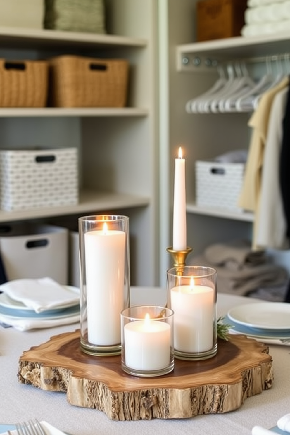 Natural wood centerpieces adorned with flickering candles create a warm and inviting atmosphere for Thanksgiving gatherings. The rich textures of the wood combined with the soft glow of the candles enhance the festive spirit of the occasion. For closet decorating ideas, consider incorporating stylish storage solutions that maximize space and organization. Use decorative bins and elegant hangers to create a visually appealing and functional closet environment.