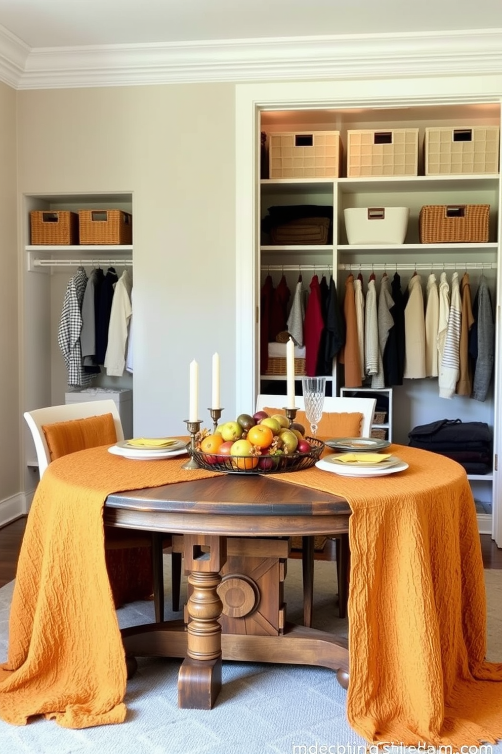 Textured tablecloths in warm autumn hues drape elegantly over a rustic wooden dining table. The table is adorned with a centerpiece of seasonal fruits and candles, creating a cozy atmosphere for Thanksgiving. Closet decorating ideas include installing open shelving to display stylish storage baskets and seasonal clothing. Soft LED lighting highlights the organized space, making it both functional and visually appealing.