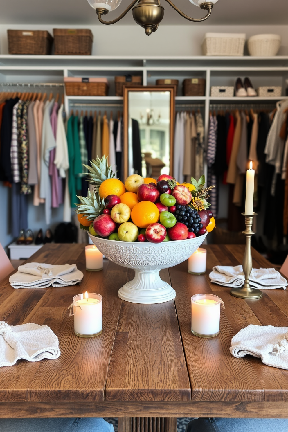 A vibrant seasonal fruit bowl overflowing with colorful fruits sits elegantly at the center of a rustic wooden dining table. Surrounding the bowl are soft, warm-toned candles that cast a cozy glow, enhancing the festive atmosphere of Thanksgiving. A beautifully organized closet showcases neatly arranged clothes, shoes, and accessories in harmonious colors. Decorative bins and baskets add texture and style, while a full-length mirror reflects the chic organization and inviting ambiance.