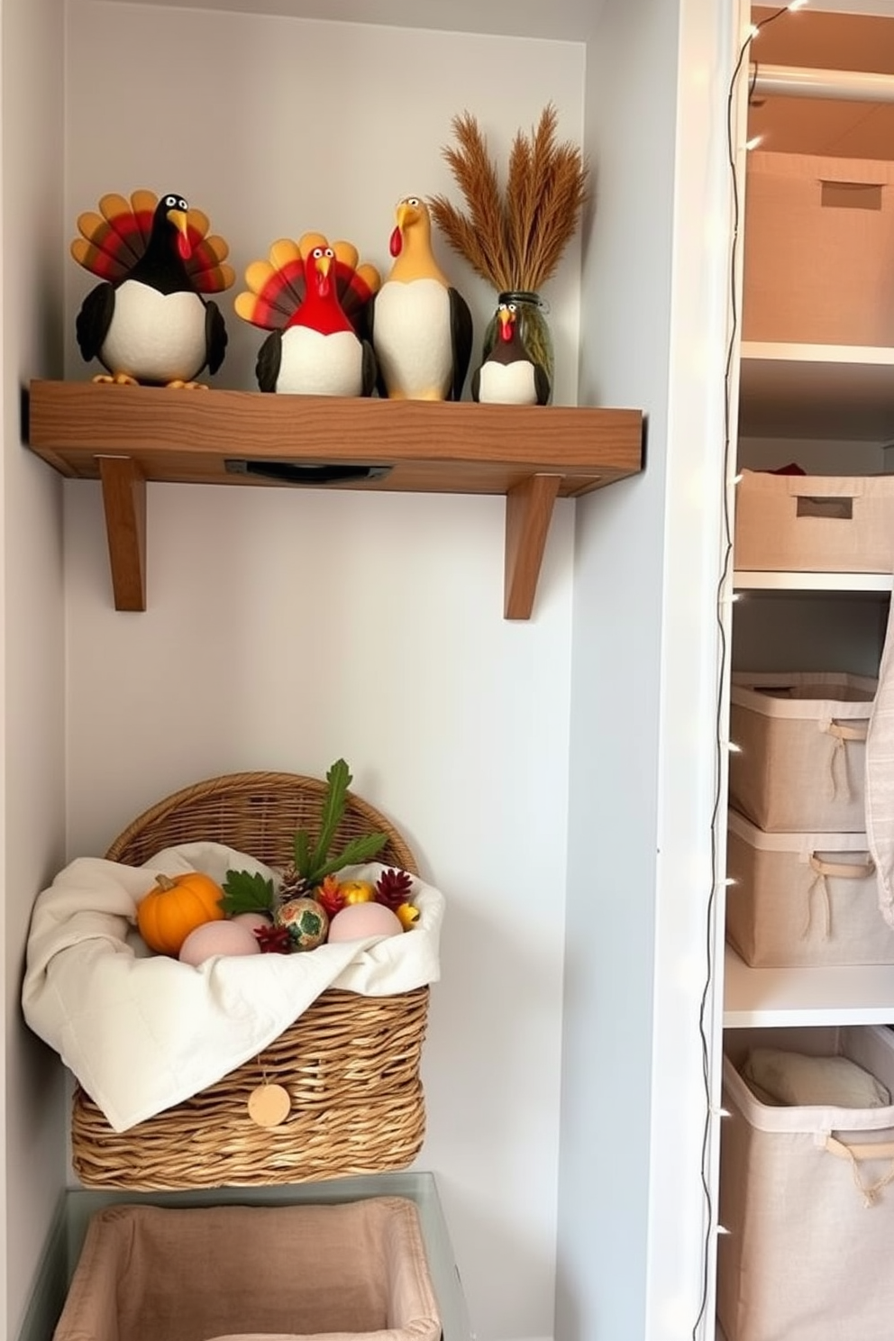 A collection of whimsical turkey figurines is arranged on a rustic wooden shelf, each one uniquely painted with vibrant colors and playful expressions. Below the shelf, a cozy woven basket holds seasonal decorations, adding a touch of warmth to the Thanksgiving theme. In the closet, soft neutral tones create a serene backdrop for the decor. Elegant fabric bins in autumn hues are neatly organized, while a string of fairy lights adds a festive sparkle to the space.