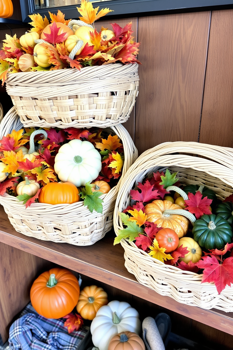 Decorative baskets overflow with vibrant fall items including pumpkins, gourds, and colorful leaves. They are artfully arranged on a rustic wooden shelf, creating a warm and inviting atmosphere perfect for Thanksgiving.