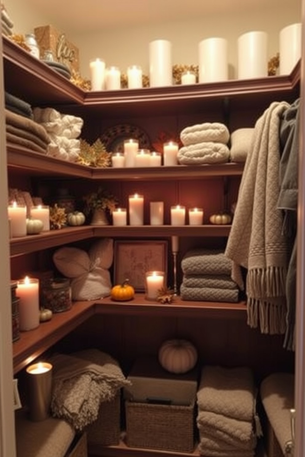 A warm and inviting closet space filled with cinnamon-scented candles that create a cozy atmosphere. Soft lighting highlights the rich wooden shelves adorned with seasonal decorations and plush throws. Decorative elements include small pumpkins and autumn leaves arranged artfully among the candles. The overall design embraces a warm color palette, enhancing the festive spirit of Thanksgiving.