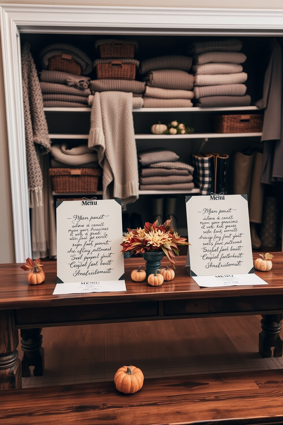 Handwritten menus elegantly displayed on a rustic wooden table, featuring calligraphy on cream-colored paper. The table is adorned with autumn leaves and small pumpkins, creating a warm and inviting atmosphere. A cozy closet space decorated with seasonal accents, including soft knit blankets and decorative baskets. The shelves are organized with neatly folded sweaters and stylish boots, enhancing both functionality and aesthetic appeal.