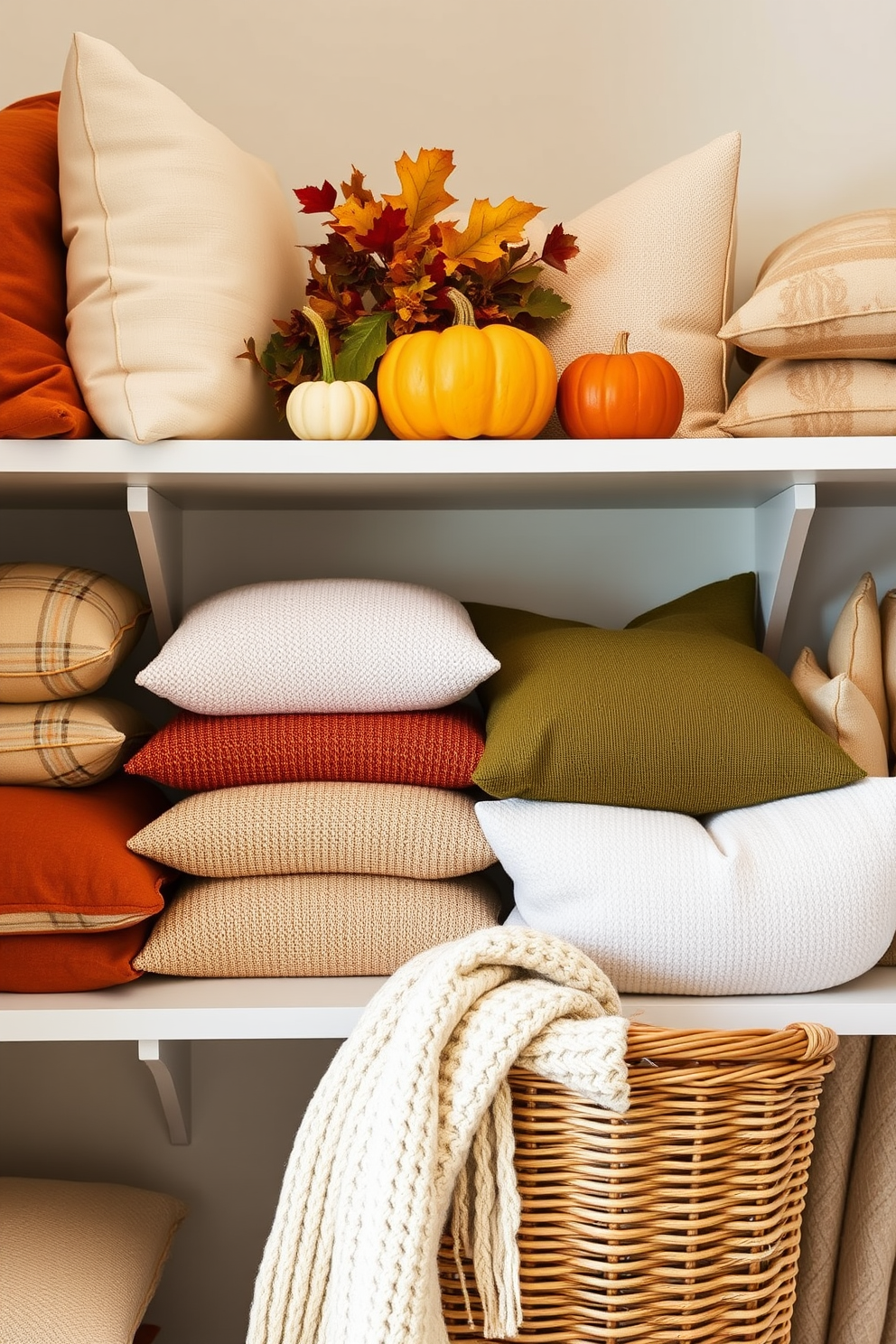 A warm and inviting closet space adorned with earthy tones in cushions and throws. The shelves are neatly organized with soft, textured blankets and decorative pillows in shades of terracotta, olive green, and cream. Seasonal accents like small pumpkins and autumn leaves are artfully arranged on the top shelf. A cozy knitted throw drapes over a stylish wicker basket, adding a touch of comfort to the overall aesthetic.