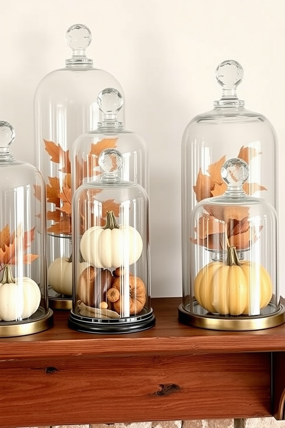 Elegant glass cloches display an assortment of seasonal items including pumpkins and autumn leaves. The cloches are arranged on a rustic wooden shelf, adding a warm touch to the Thanksgiving decor.