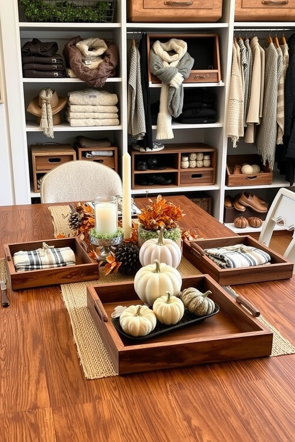 Create a cozy Thanksgiving setting featuring elegant wooden trays arranged on a rustic dining table. The trays are filled with seasonal decorations like pumpkins, candles, and autumn leaves, enhancing the festive atmosphere. Design a stylish closet space that incorporates wooden trays for organizing accessories and seasonal wear. The trays should be neatly placed on shelves, showcasing a curated selection of scarves, hats, and holiday-themed items.