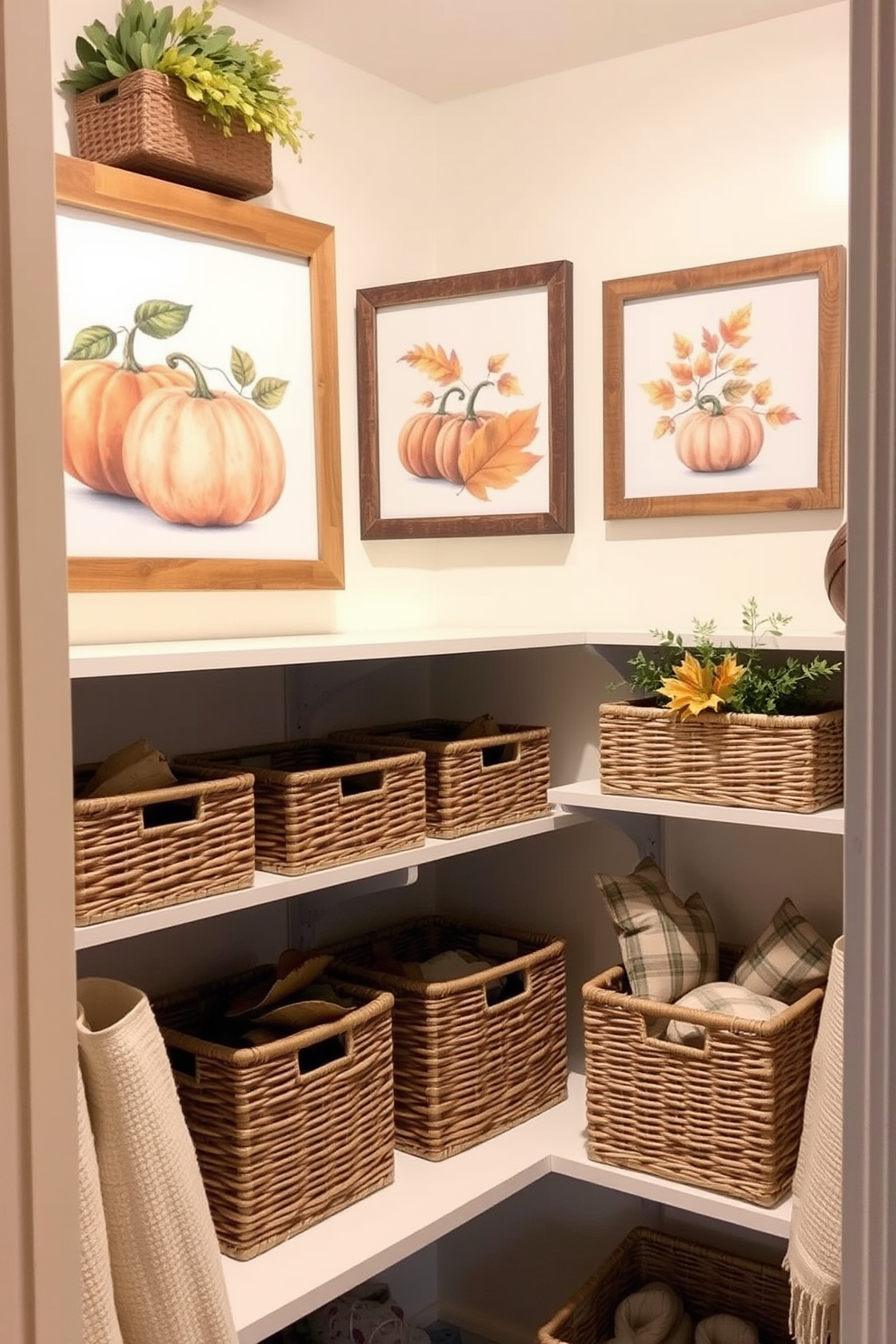 A cozy closet adorned with harvest-themed wall art showcasing pumpkins and autumn leaves. The prints are framed in rustic wood, adding warmth to the space, while shelves are decorated with woven baskets filled with seasonal decor.