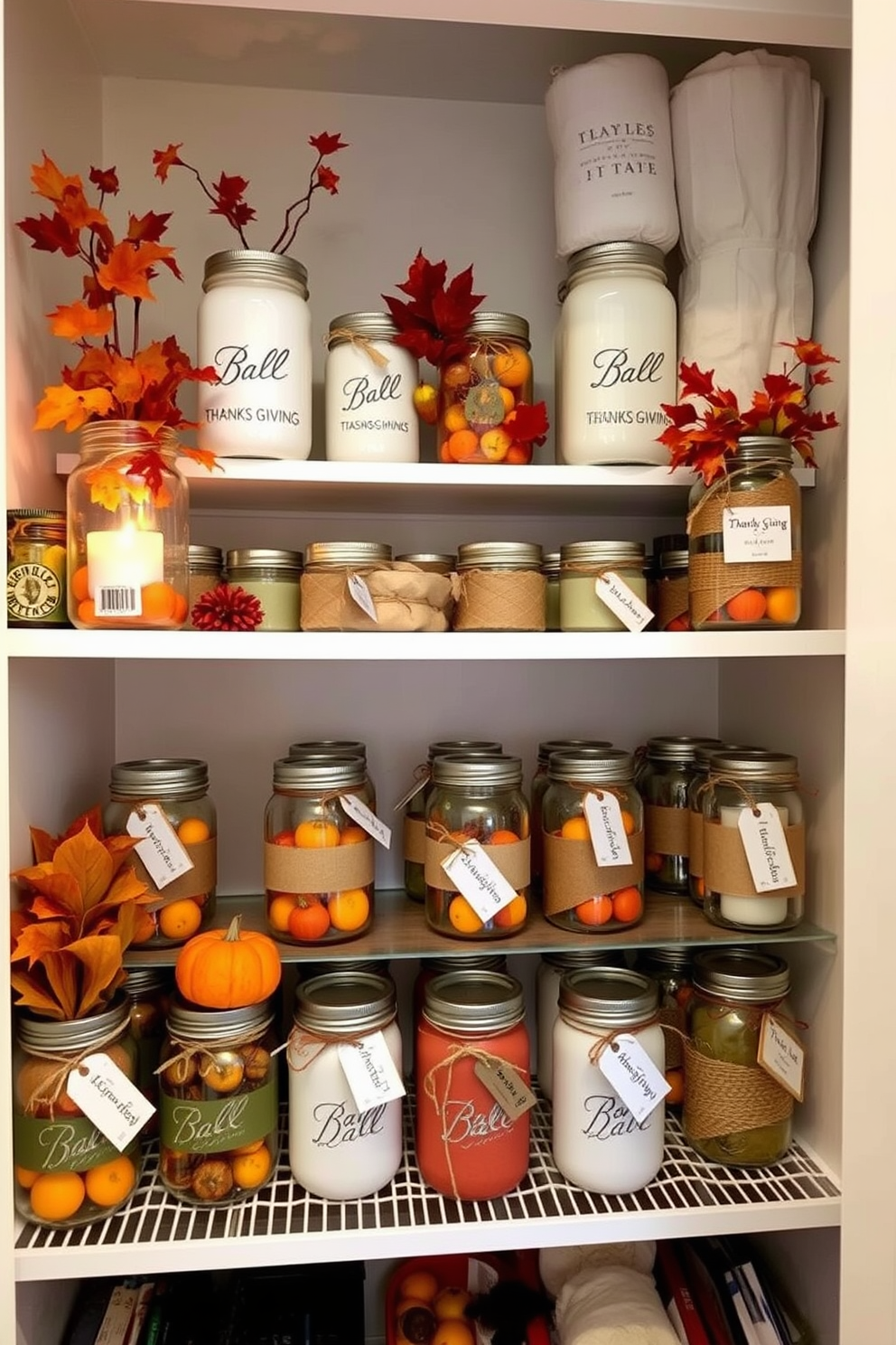 A cozy Thanksgiving-themed closet decorated with creative mason jar displays. The jars are filled with autumn leaves, small pumpkins, and scented candles, creating a warm and inviting atmosphere. On the shelves, mason jars are arranged in varying heights, some painted in fall colors and others wrapped in twine. Seasonal labels are attached to the jars, adding a personal touch and enhancing the festive decor.