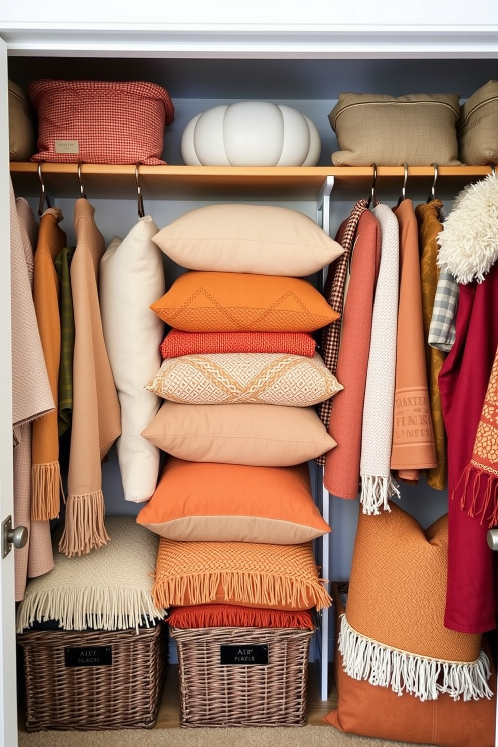 Create a cozy Thanksgiving closet decorated with layered textures showcasing an array of pillows and throws. The closet features warm autumn colors with rich fabrics that invite comfort and a festive spirit.