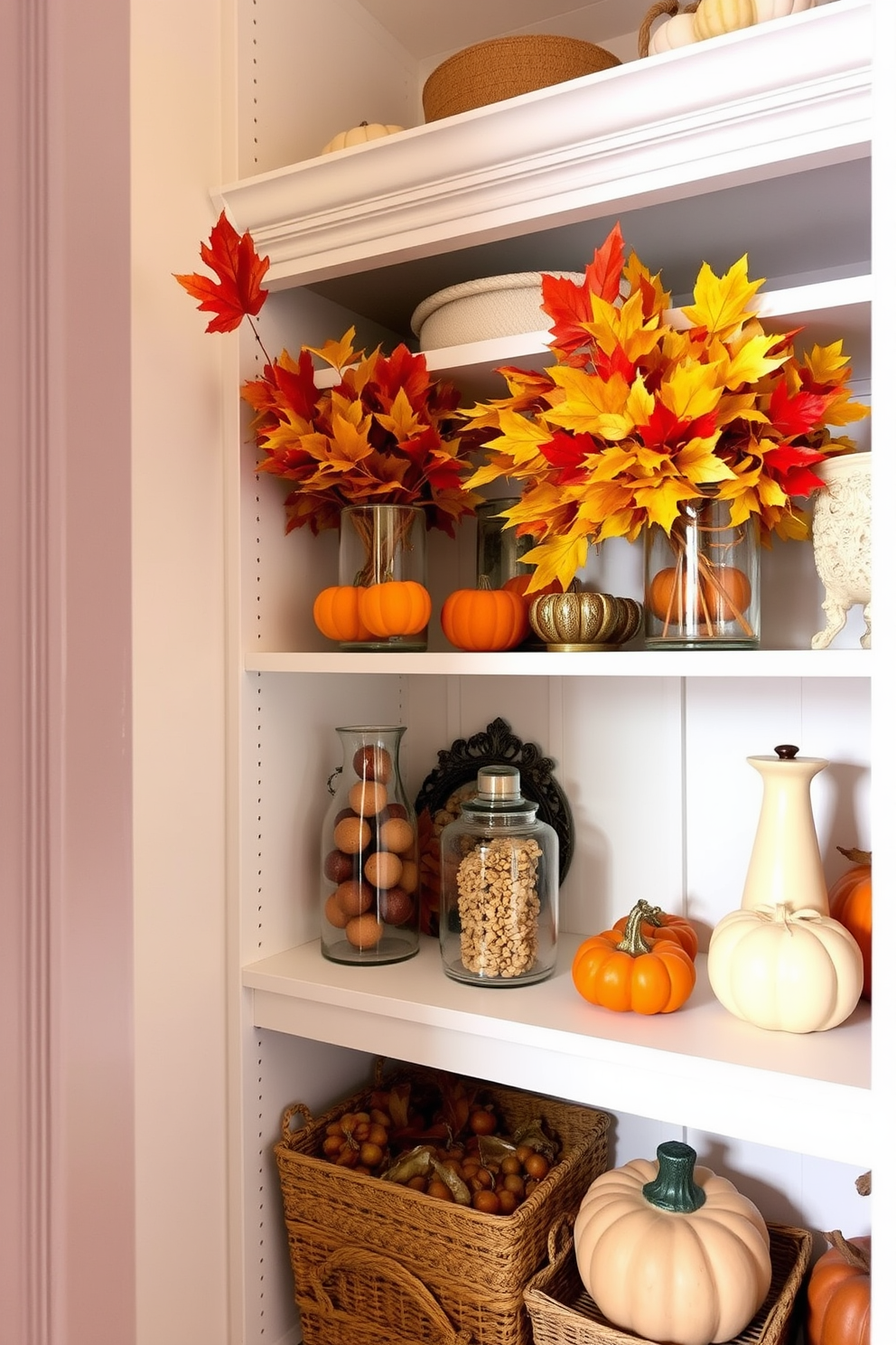 A cozy Thanksgiving closet decorated with autumn leaves in glass vases. The shelves are lined with seasonal decor, featuring warm tones of orange, red, and gold.