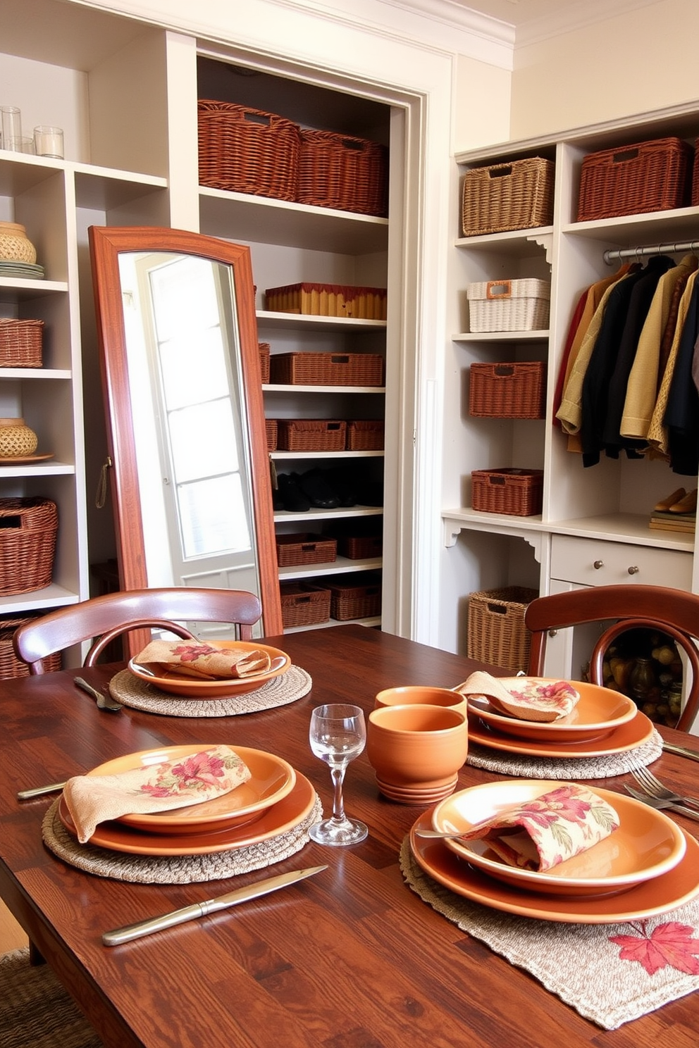 Warm-toned tableware for festive dining includes rustic ceramic plates in shades of orange and brown arranged on a wooden table. Complementing the tableware are golden cutlery and autumn-themed napkins, creating a cozy and inviting atmosphere for Thanksgiving. For closet decorating ideas, envision a well-organized space with wooden shelving painted in a soft cream color. Add decorative baskets for storage and a full-length mirror to enhance the functionality and aesthetic appeal of the closet.