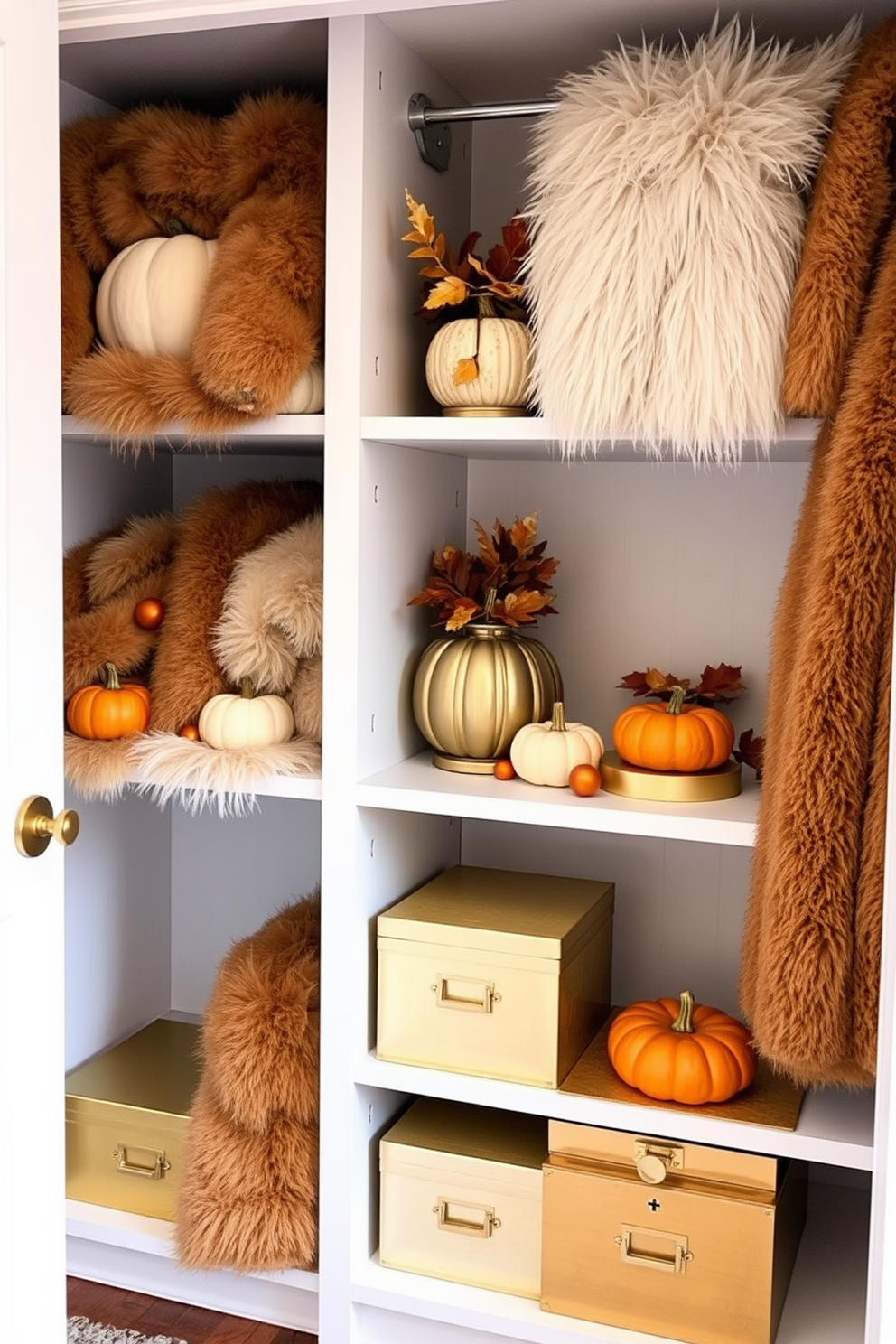 A cozy Thanksgiving closet decorated with faux fur accents. The shelves are lined with soft faux fur throws in warm tones, creating an inviting atmosphere. Seasonal decorations are arranged thoughtfully, with pumpkins and autumn leaves nestled among the faux fur. A touch of gold is added through elegant storage boxes, enhancing the festive charm.