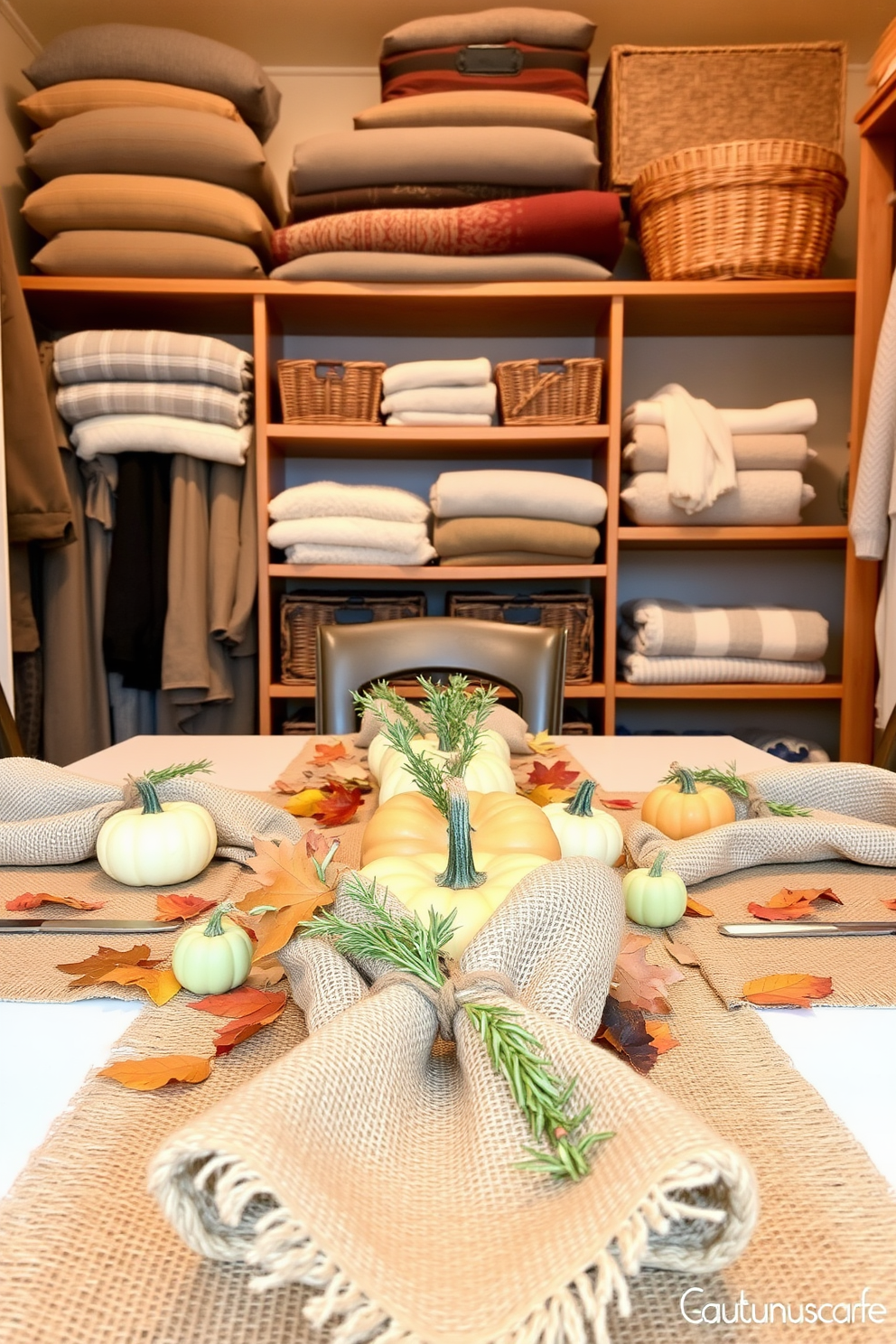 A rustic burlap table setting adorned with autumn leaves and small pumpkins creates a warm and inviting atmosphere for Thanksgiving. The napkins, tied with twine and accented with sprigs of rosemary, add a charming touch to the overall decor. For closet decorating ideas, consider using wooden shelves to display neatly folded sweaters and decorative baskets for accessories. A soft, warm light illuminates the space, enhancing the cozy and organized feel of the closet.