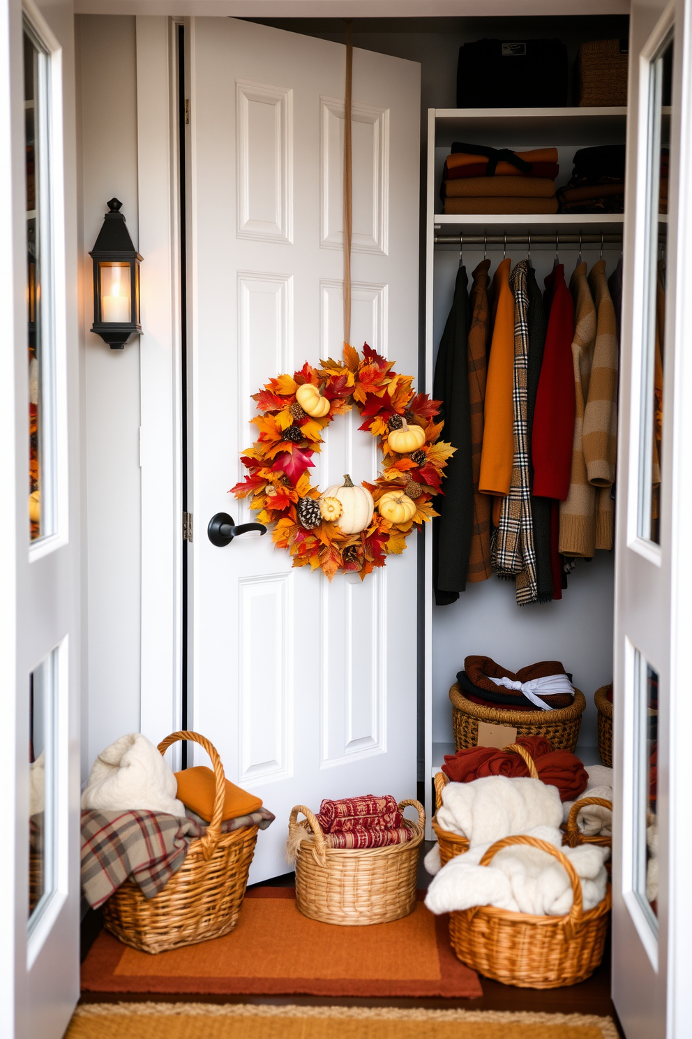 A beautiful front door adorned with a seasonal wreath made of colorful autumn leaves, pinecones, and small pumpkins. The wreath is complemented by a warm welcome mat and subtle decorative lanterns on either side. Inside the closet, shelves are lined with neatly organized seasonal clothing, featuring rich burgundy and mustard hues for Thanksgiving. Decorative baskets are placed on the floor, filled with cozy throws and seasonal accessories to enhance the festive atmosphere.