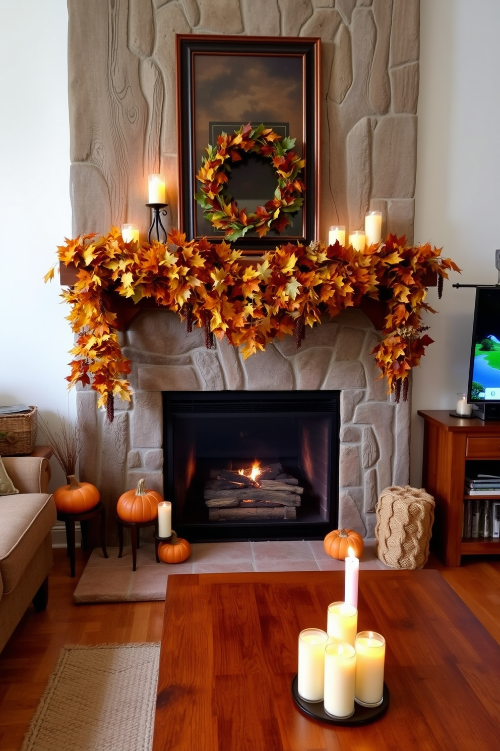 A cozy living room with a rustic fireplace adorned with an autumn leaves garland draped elegantly across the mantel. The warm glow of candlelight reflects off the rich wooden surfaces, creating an inviting atmosphere perfect for Thanksgiving celebrations.