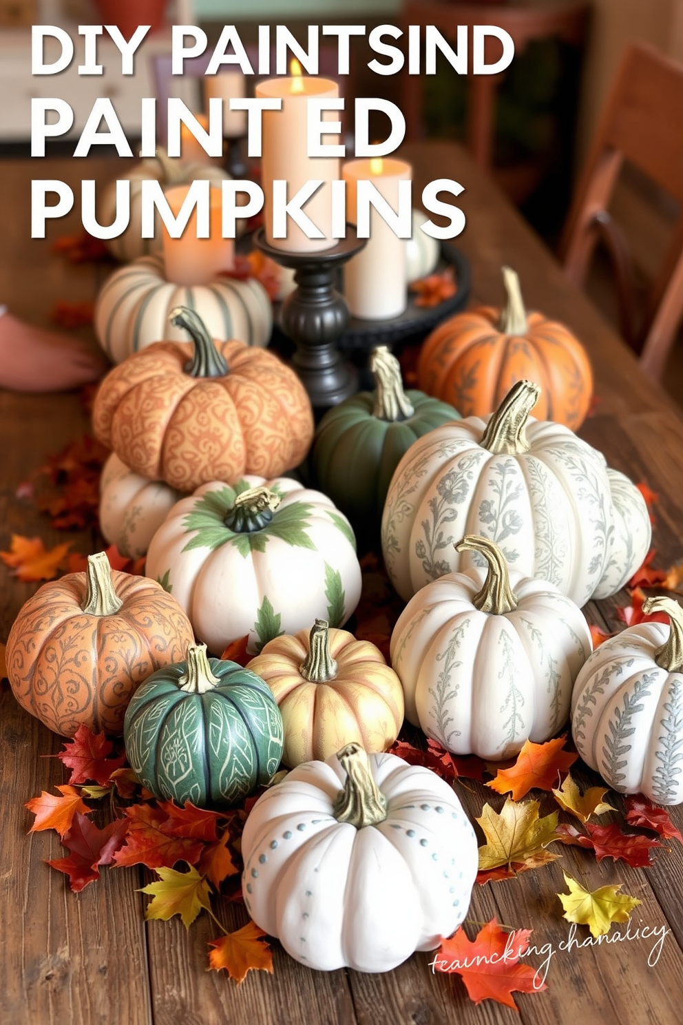 A collection of DIY painted pumpkins in various sizes and colors arranged on a rustic wooden table. The pumpkins feature intricate designs and patterns, surrounded by autumn leaves and candles to create a warm Thanksgiving ambiance.