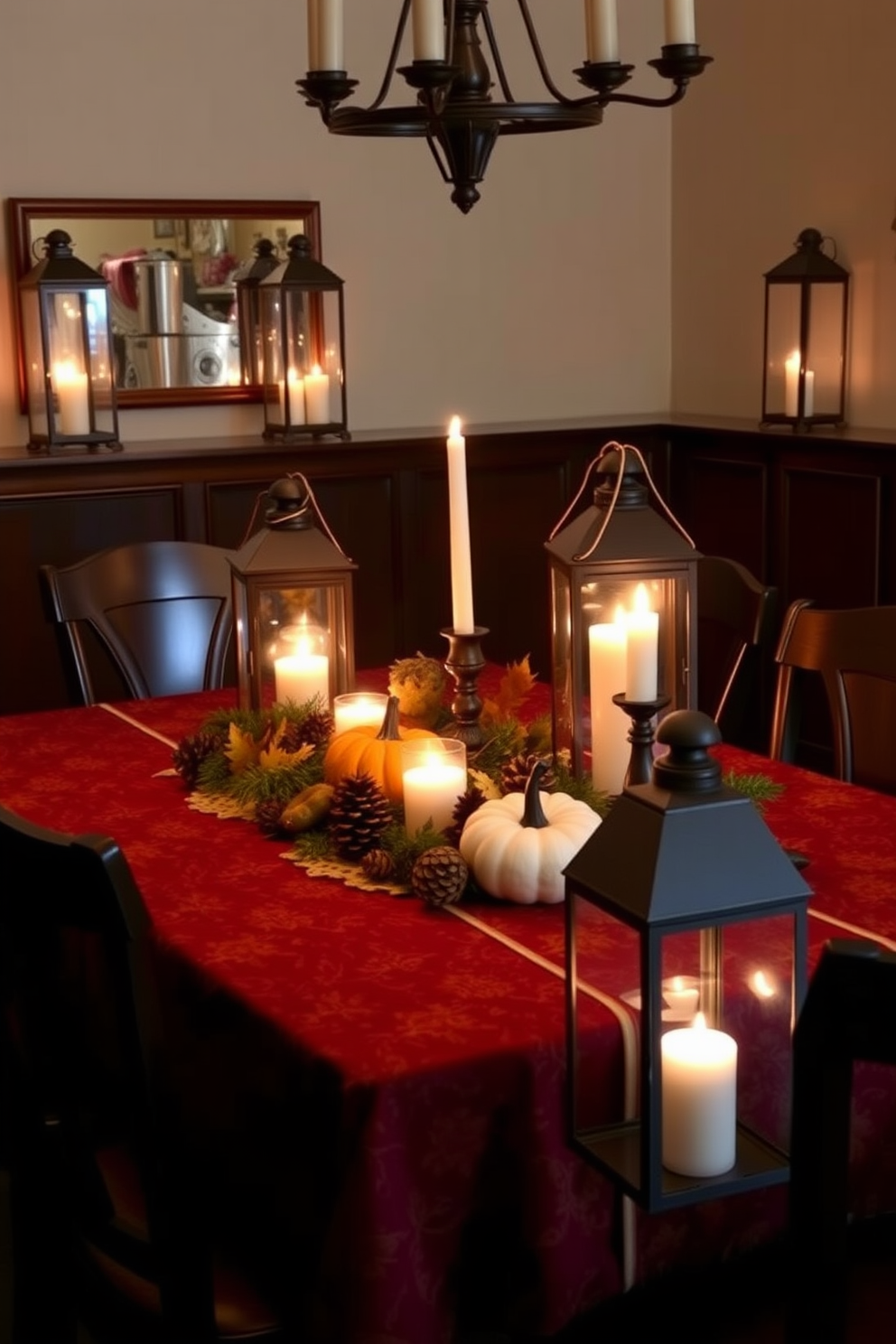 Candlelit lanterns are strategically placed around the dining area to create a warm and inviting atmosphere. The table is adorned with a rich autumn-colored tablecloth, featuring an array of seasonal decorations like pumpkins and pinecones.