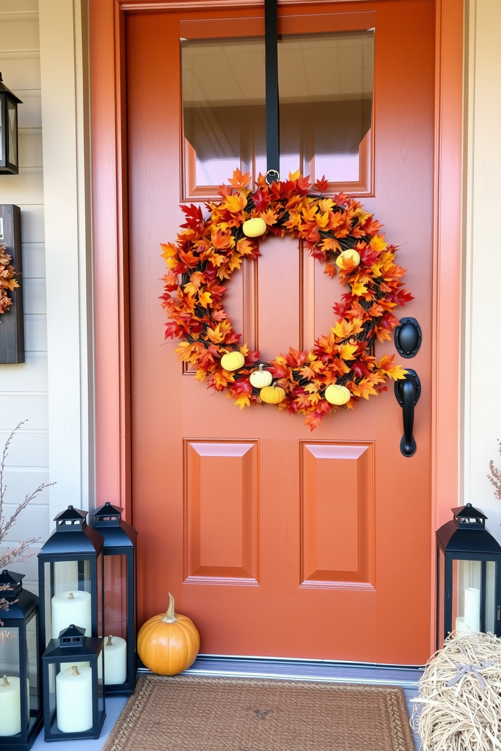 A beautiful front door adorned with a seasonal wreath made of vibrant autumn leaves and miniature pumpkins. The door is painted in a warm, inviting color, and the surrounding area features subtle decorations like lanterns and hay bales to enhance the Thanksgiving theme.