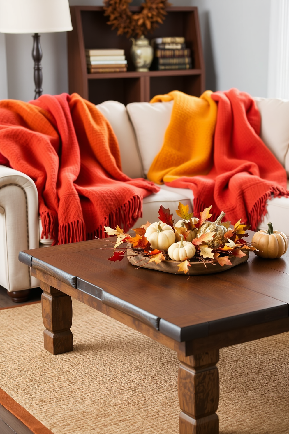 Cozy throw blankets in rich shades of orange, deep red, and golden yellow are artfully draped over a plush sofa. A rustic wooden coffee table is adorned with seasonal decorations, including small pumpkins and a centerpiece of autumn leaves.