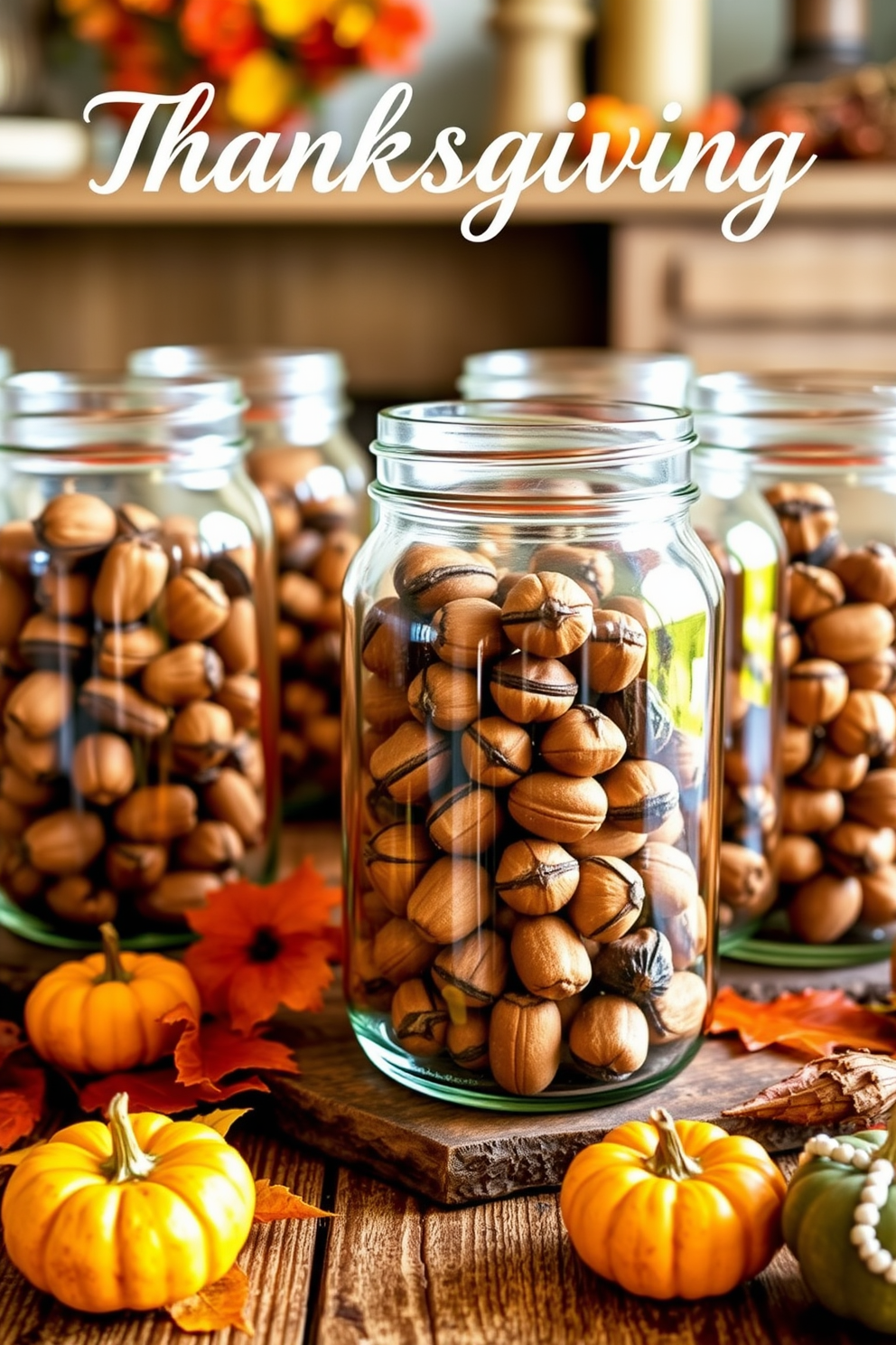 A cozy Thanksgiving display featuring glass jars filled with acorns. The jars are arranged on a rustic wooden table, surrounded by autumn leaves and small pumpkins.