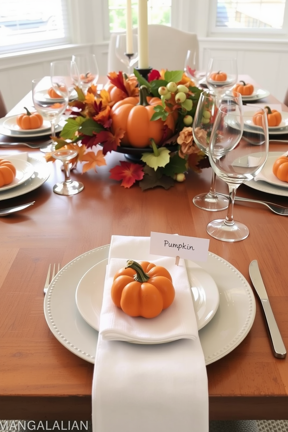 A beautifully set Thanksgiving table featuring miniature pumpkins as place cards. Each pumpkin is uniquely painted in warm autumn colors and placed on a crisp white napkin at each setting.