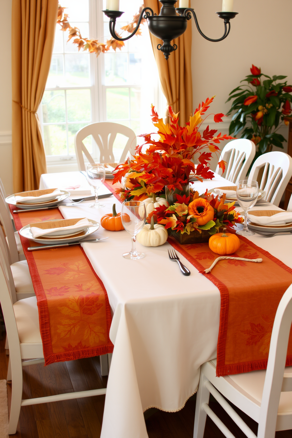 A beautifully set dining table adorned with harvest-themed tablecloths and runners featuring warm autumn colors. The table is decorated with an array of seasonal centerpieces, including pumpkins, gourds, and vibrant fall leaves, creating a festive atmosphere for Thanksgiving.