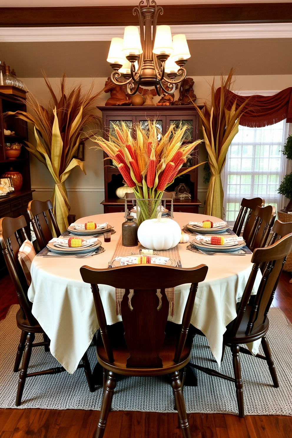 A vibrant Thanksgiving dining room adorned with colorful corn stalks as accents. The table is set with a rustic tablecloth and surrounded by wooden chairs, creating a warm and inviting atmosphere.