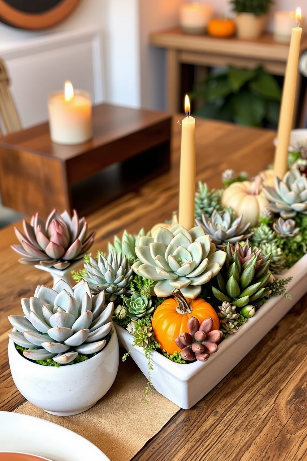 Succulent arrangements in sleek ceramic pots bring a modern flair to your Thanksgiving decor. Arrange various types of succulents with contrasting textures and colors on a rustic wooden table for an inviting centerpiece. Incorporate seasonal elements by adding small pumpkins and candles among the succulents. Use warm, earthy tones to complement the natural beauty of the plants and create a cozy atmosphere.