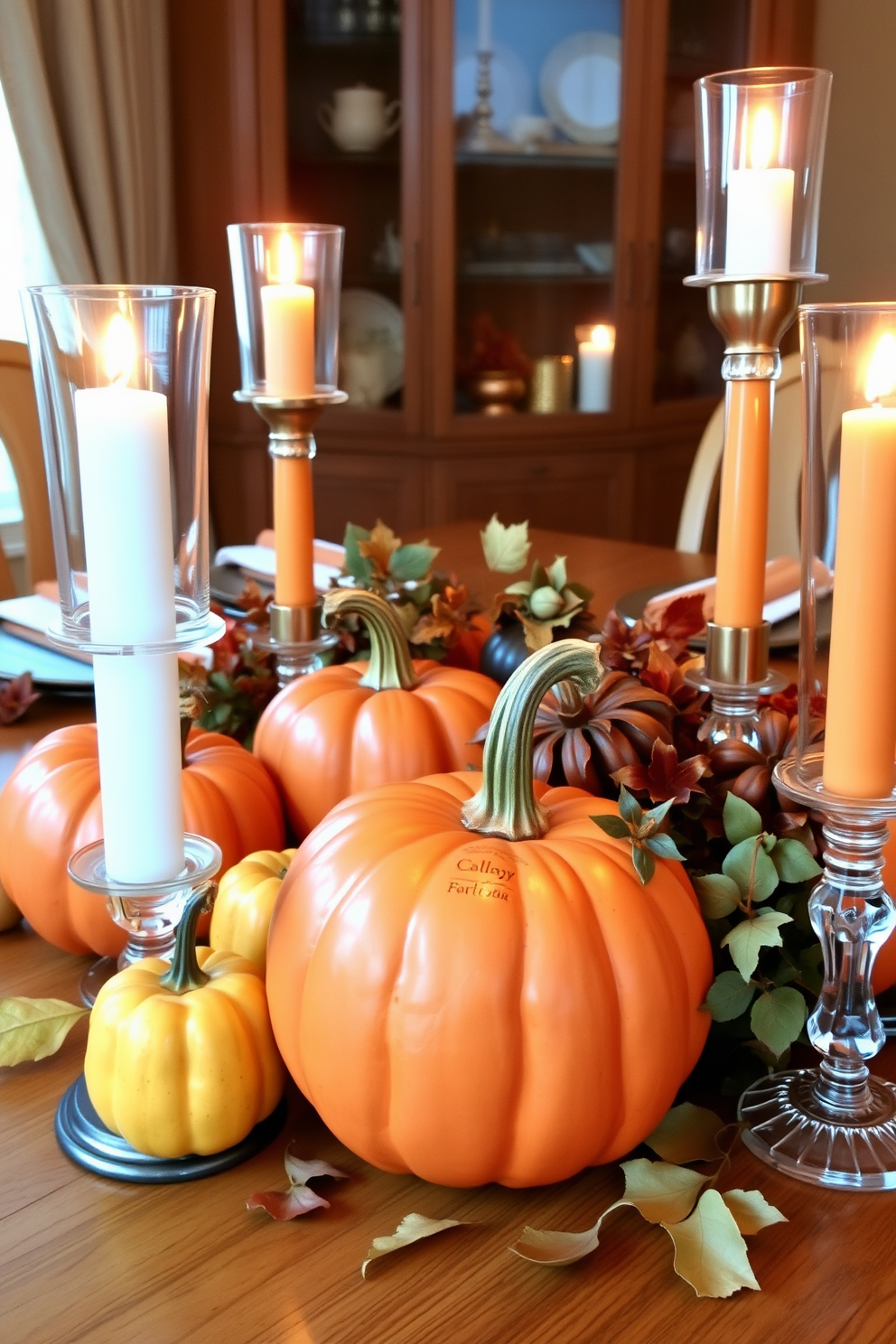 A warm and inviting dining table is adorned with several pumpkin centerpieces of varying sizes, nestled among flickering candles. The pumpkins are painted in rich autumn hues of orange and gold, while the candles are arranged in elegant glass holders, casting a soft glow over the festive setting.