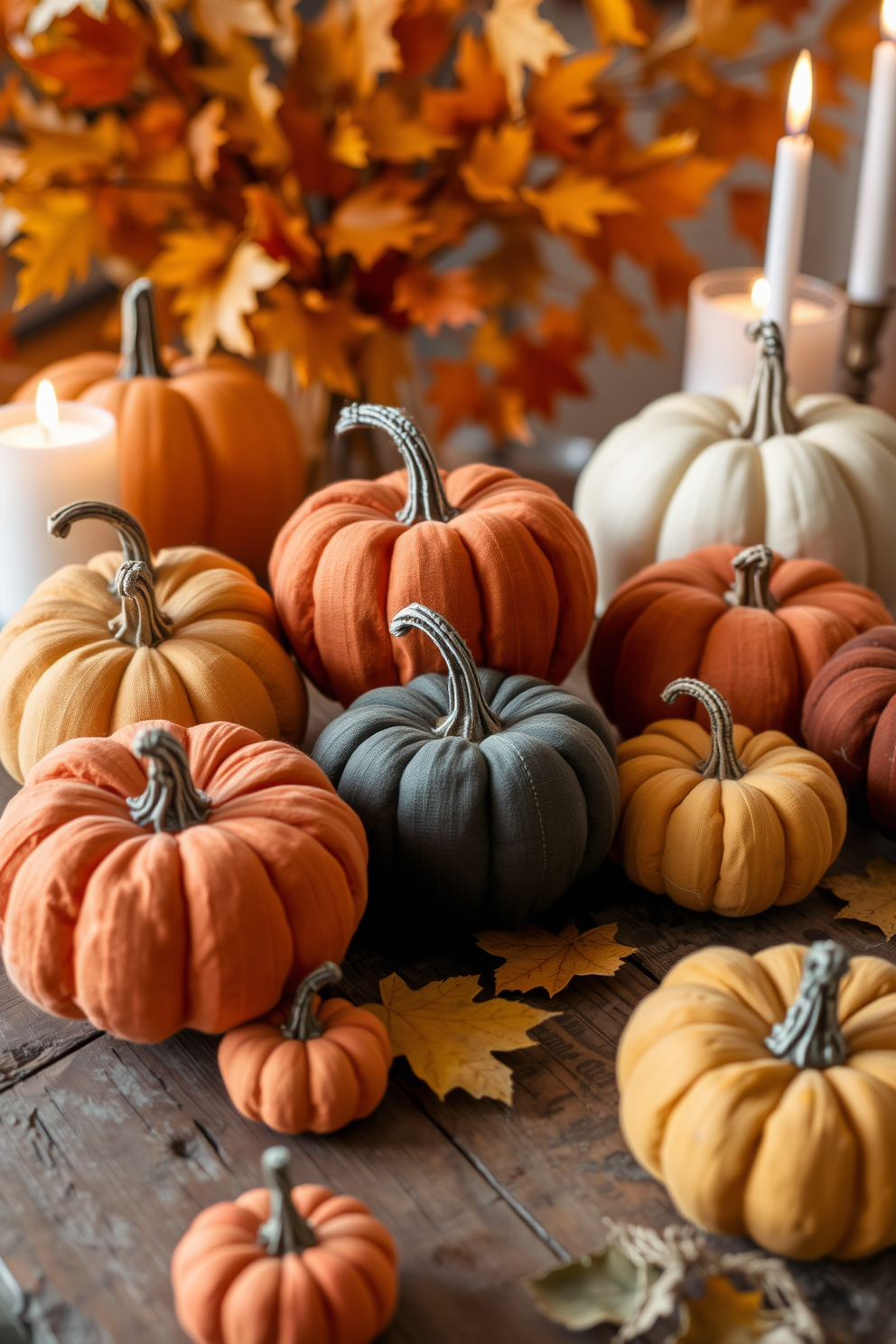 A charming Thanksgiving display featuring fabric pumpkins in various sizes arranged on a rustic wooden table. The pumpkins are in warm autumn colors, complemented by a backdrop of golden leaves and soft candlelight for a cozy atmosphere.