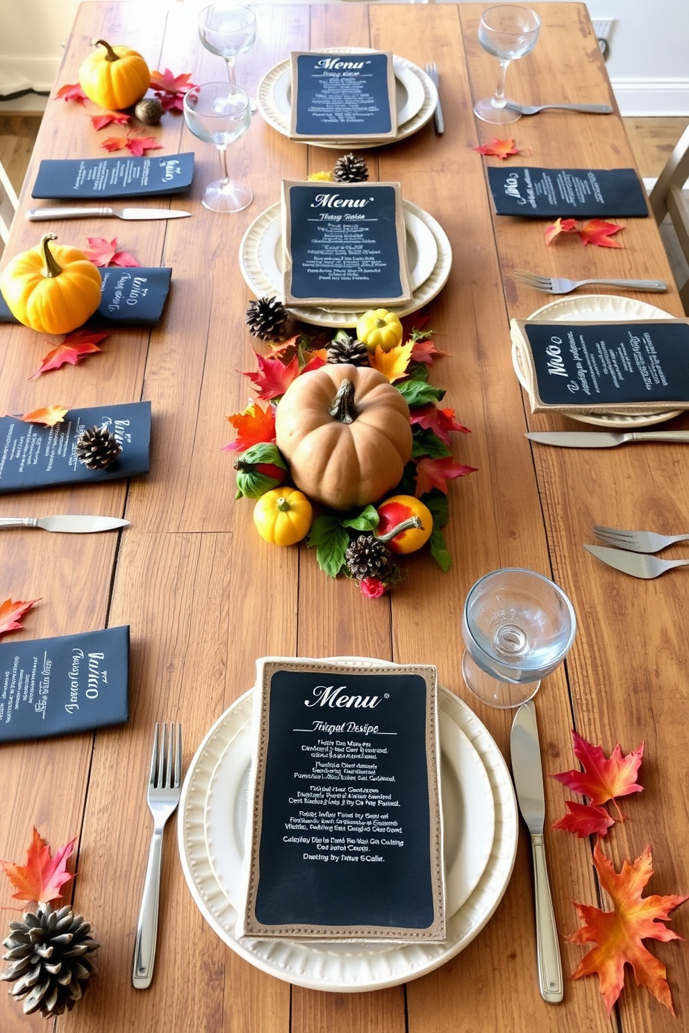 Create a cozy Thanksgiving dinner table setting featuring a rustic wooden table adorned with chalkboard menus at each place setting. The menus display handwritten dishes, surrounded by autumnal decorations like small pumpkins, pinecones, and vibrant fall leaves.