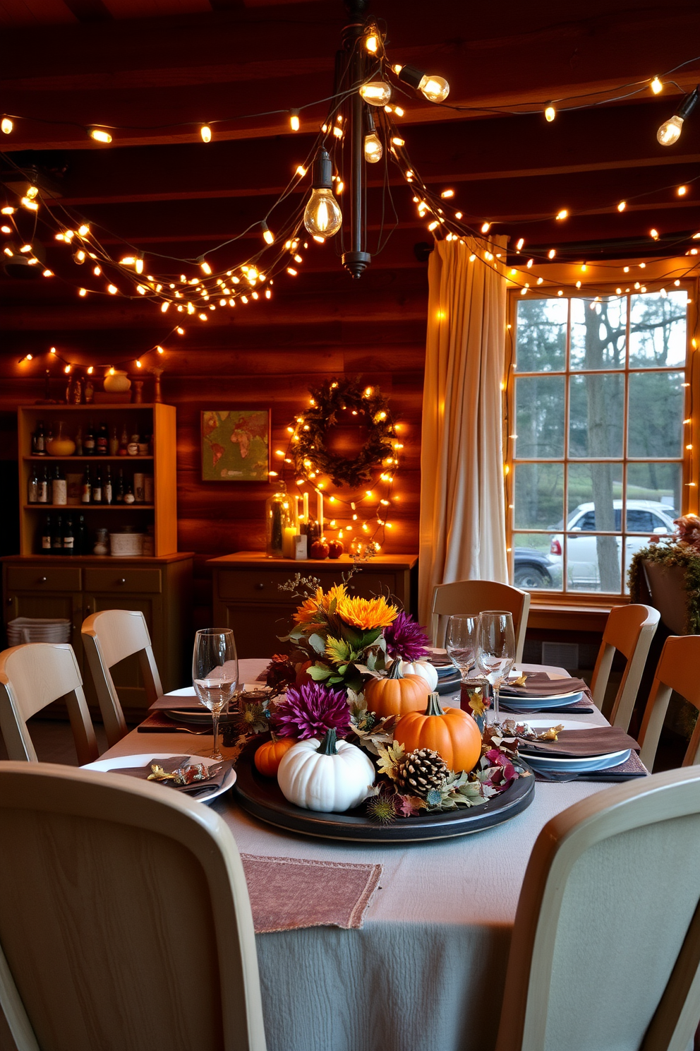 A cozy dining area adorned with string lights creating a warm and festive glow. The table is set with autumn-themed decorations, featuring pumpkins and fall foliage as centerpieces.