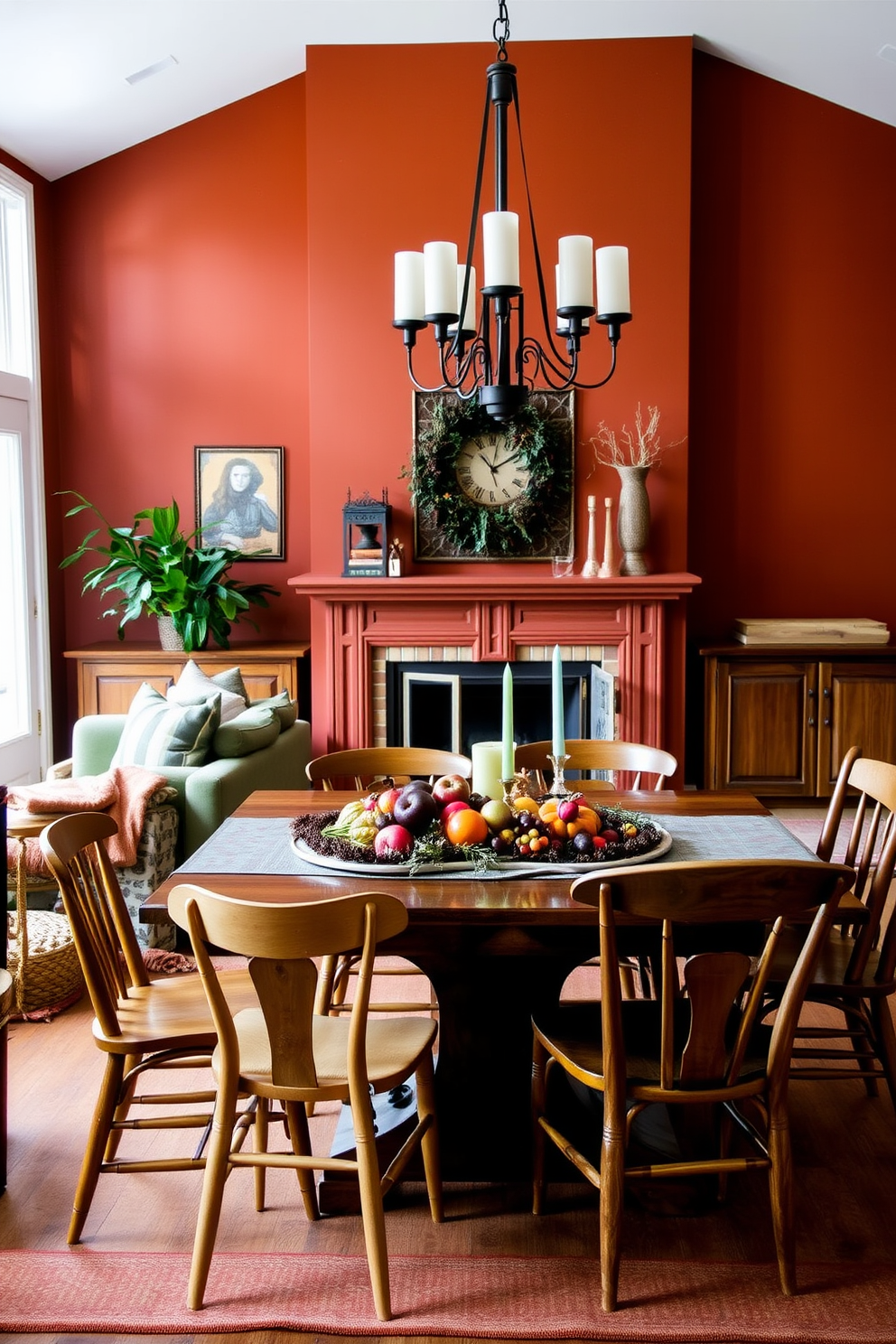 A warm and inviting living room adorned with earthy color palettes featuring deep tones. The walls are painted in a rich terracotta hue, complemented by plush, deep green sofas and wooden accents throughout the space. A rustic dining table is set for Thanksgiving, decorated with a centerpiece of seasonal fruits and candles. Surrounding the table are mismatched chairs in warm wood finishes, creating a cozy and eclectic atmosphere perfect for family gatherings.