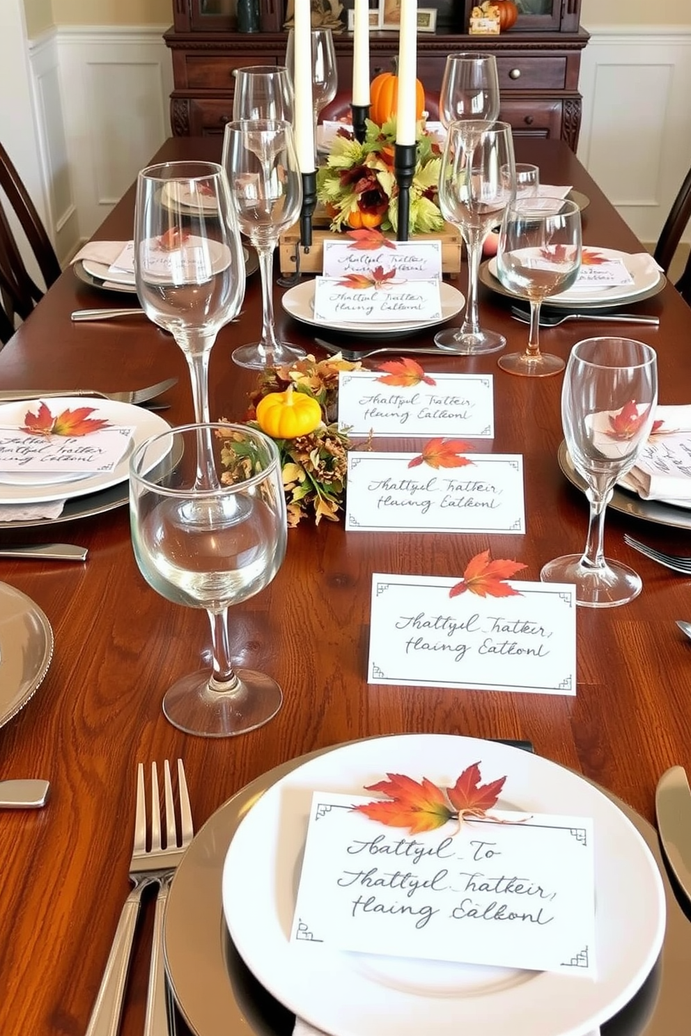 Handwritten gratitude notes are placed at each setting on a beautifully set Thanksgiving table. The notes are elegantly styled with a touch of fall-themed decorations, such as small pumpkins and autumn leaves.